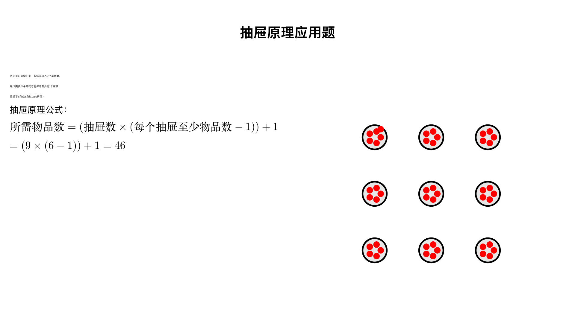 庆元旦时同学们把一些鲜花插入9个花瓶里,最少要多少朵鲜花才能保证至少有1个花瓶里插了6朵或6朵以上的鲜花?