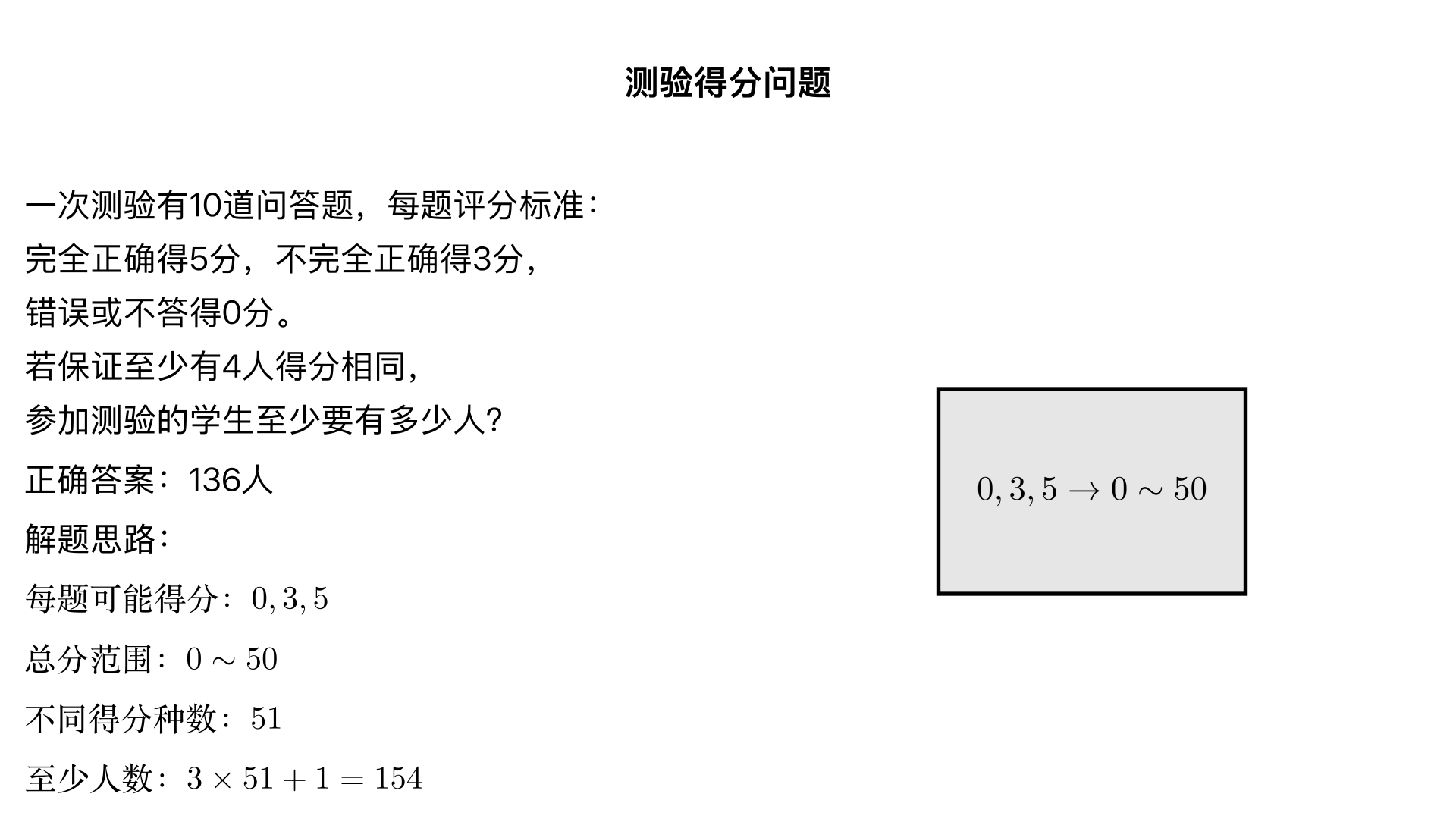 一次测验有10道问答题,每题的评分标准是:回答完全正确得5分,回答不完全正确得3分,回答错误或不答得0分。若保证至少有4人得分相同,参加这次测验的学生至少要有多少人?正确答案136人。