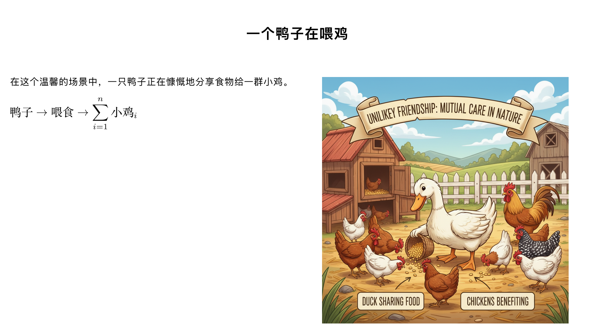 一个鸭子在喂鸡