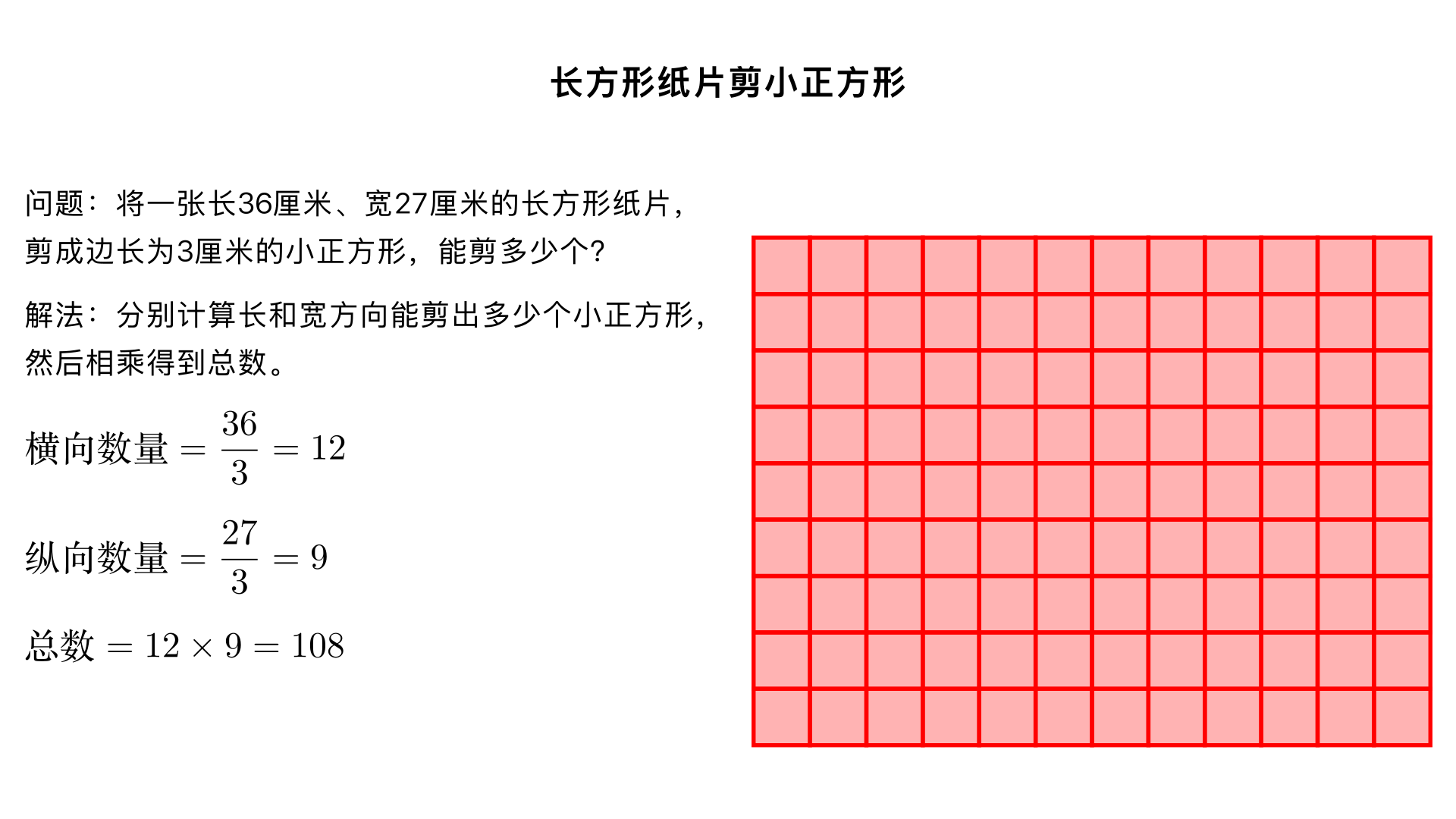 把一张长为36厘米、宽为27厘米的长方形纸片,剪成边长为3厘米的小正方形,能剪多少个?