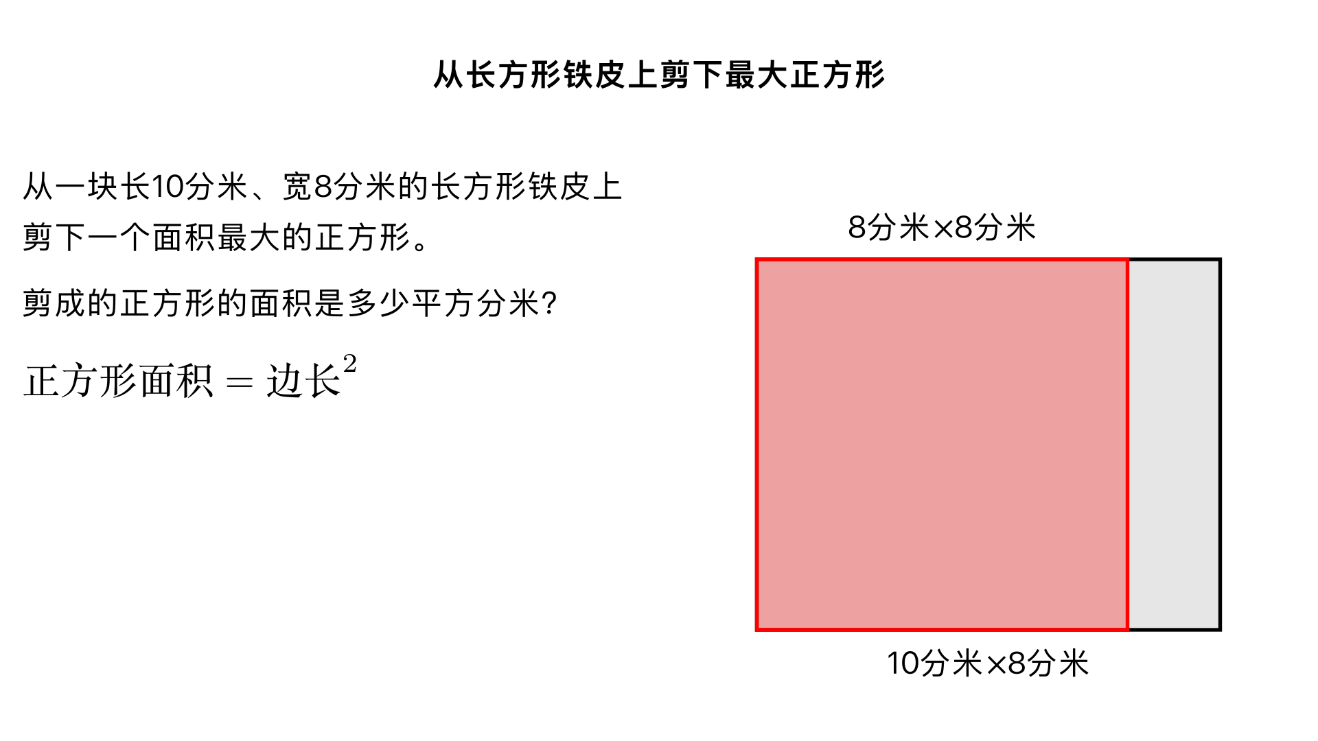 从一块长10分米、宽8分米的长方形铁皮上剪下一个面积最大的正方形,剪成的正方形的面积是多少平方分米?