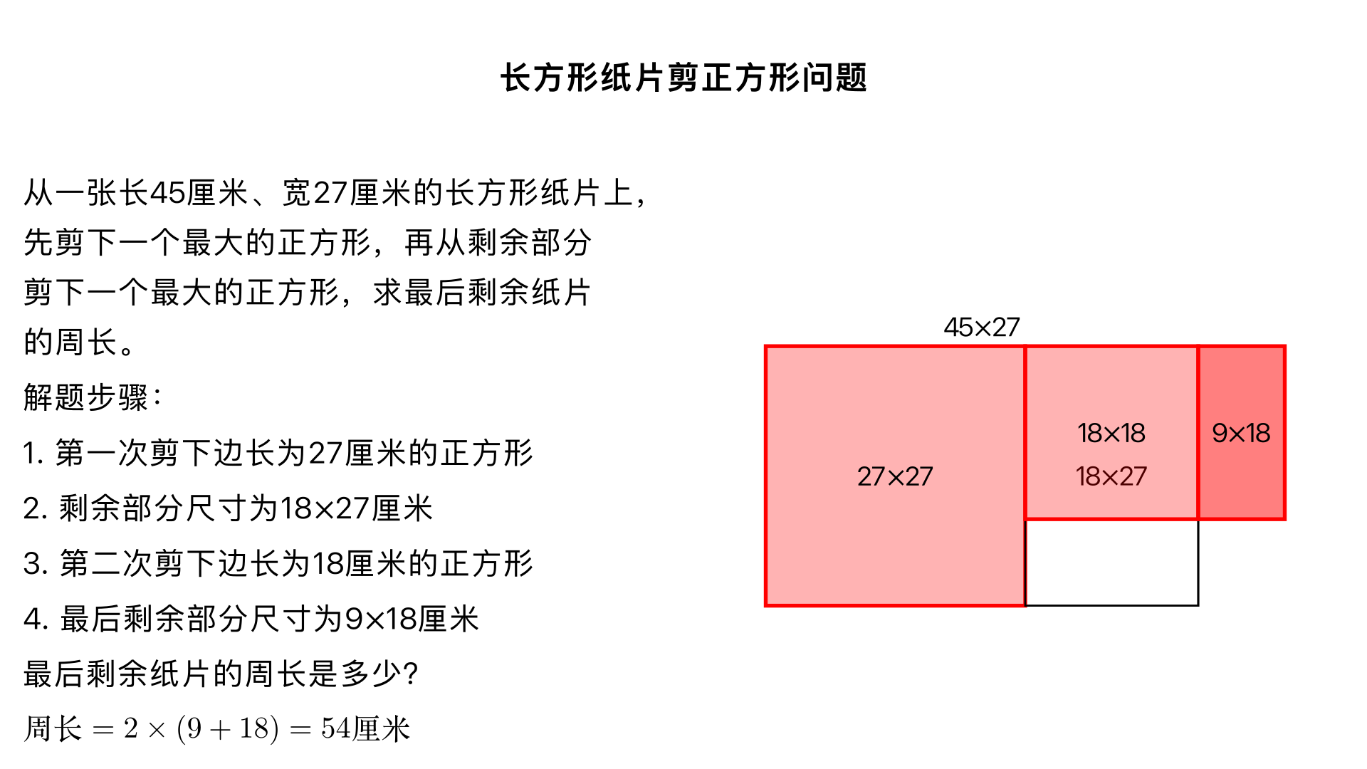 从一张长是45厘米,宽是27厘米的长方形纸片上,先剪下一个最大的正方形,再从剩余的纸片中剪下一个最大的正方形最后剩余的长方形纸片的周长是多少?