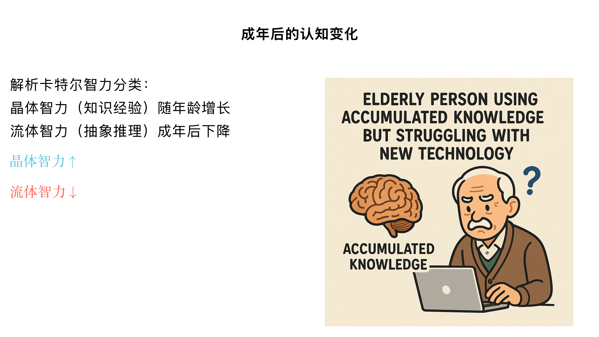3成年后的 “认知变化”—— 晶体智力与流体智力的 “此消彼长”
核心内容：解析卡特尔的智力分类 —— 晶体智力（依赖知识经验，如 “词汇量、常识”，随年龄增长上升）与流体智力（依赖抽象推理，如 “逻辑解题、空间想象”，成年后逐渐下降），结合 “老年人擅长解决生活问题但难学新技能” 案例，讨论 “认知老化的应对策略”（如 “用经验弥补速度不足”）。
互动：学生采访身边老人 “学习新事物（如用手机）的困难”，用认知发展理论分析原因。