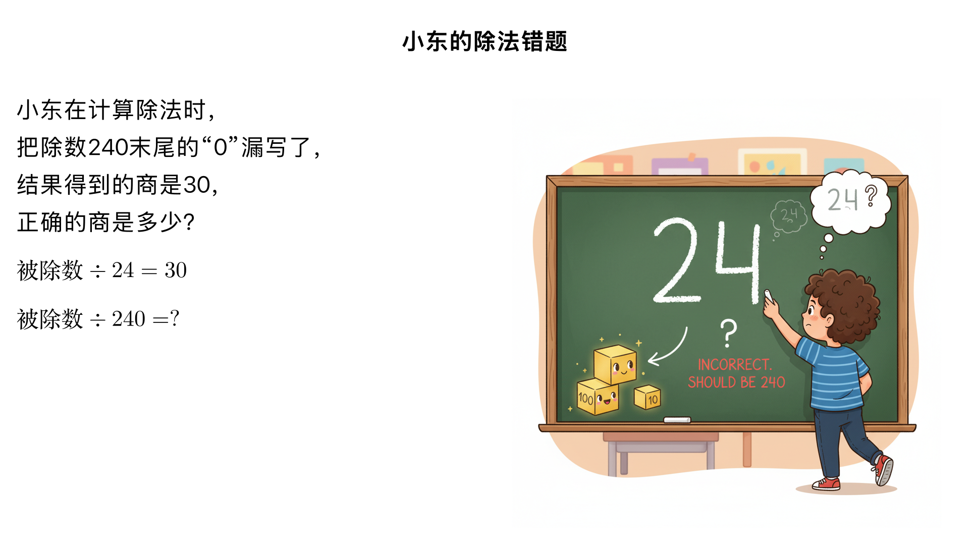小东在计算除法时,把除数240末尾的“0"漏写了,结果得到的商是30,正确的商是多少?