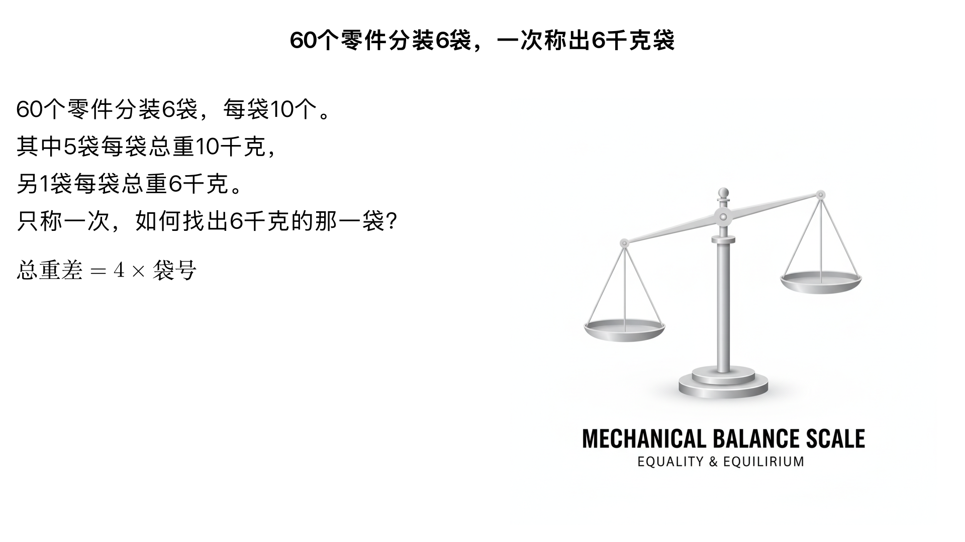 60个零件分装6袋,每袋装10个,其中5袋里装的零件的质量都是10千克,另一袋装的每个的质量都是6千克,这6袋零件混在一起,你能用秤称一次,就能把装5千克的那一袋找出来吗?