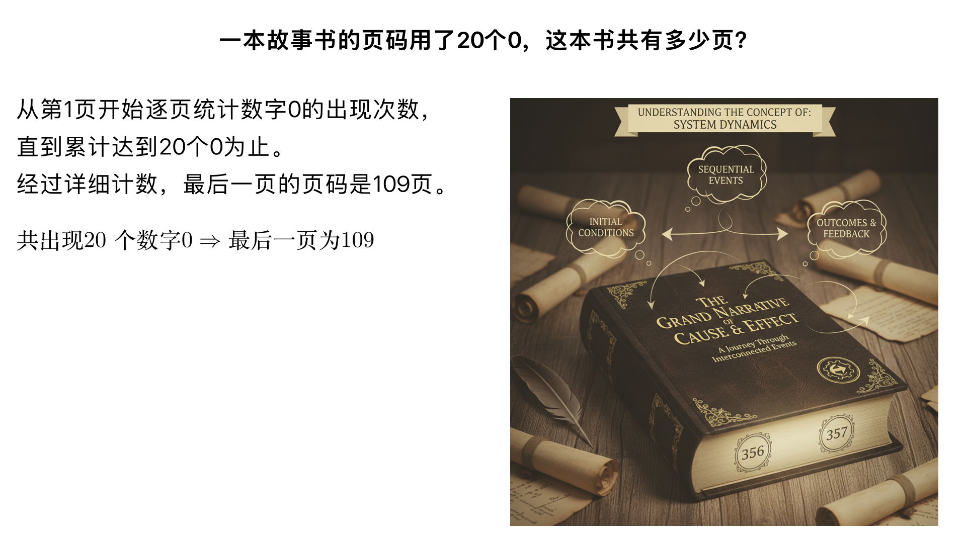 一本故事书的页码,用了20个0,问这本书共有多少页?正确答案是这本故事书的最后一页是109页