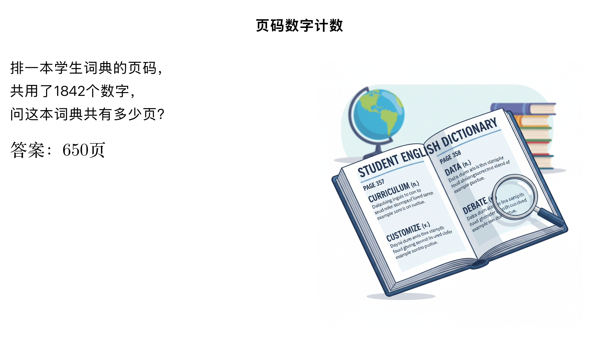 页码数字计数：排一本学生词典的页码,共用了1842个数字,问这本词典共有多少页?正确答案是这本词典共有 650 页。