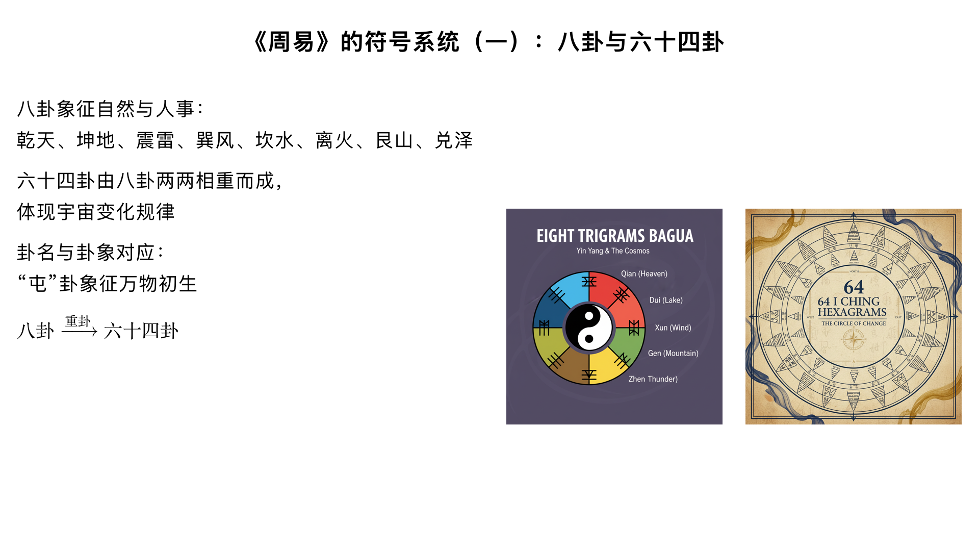 课时2：《周易》的符号系统（一）：八卦与六十四卦
主要内容：

八卦的象征意义（乾天、坤地、震雷等）

六十四卦的生成逻辑（重卦与卦序）

卦名与卦象的对应关系（如“屯”卦象征万物初生）