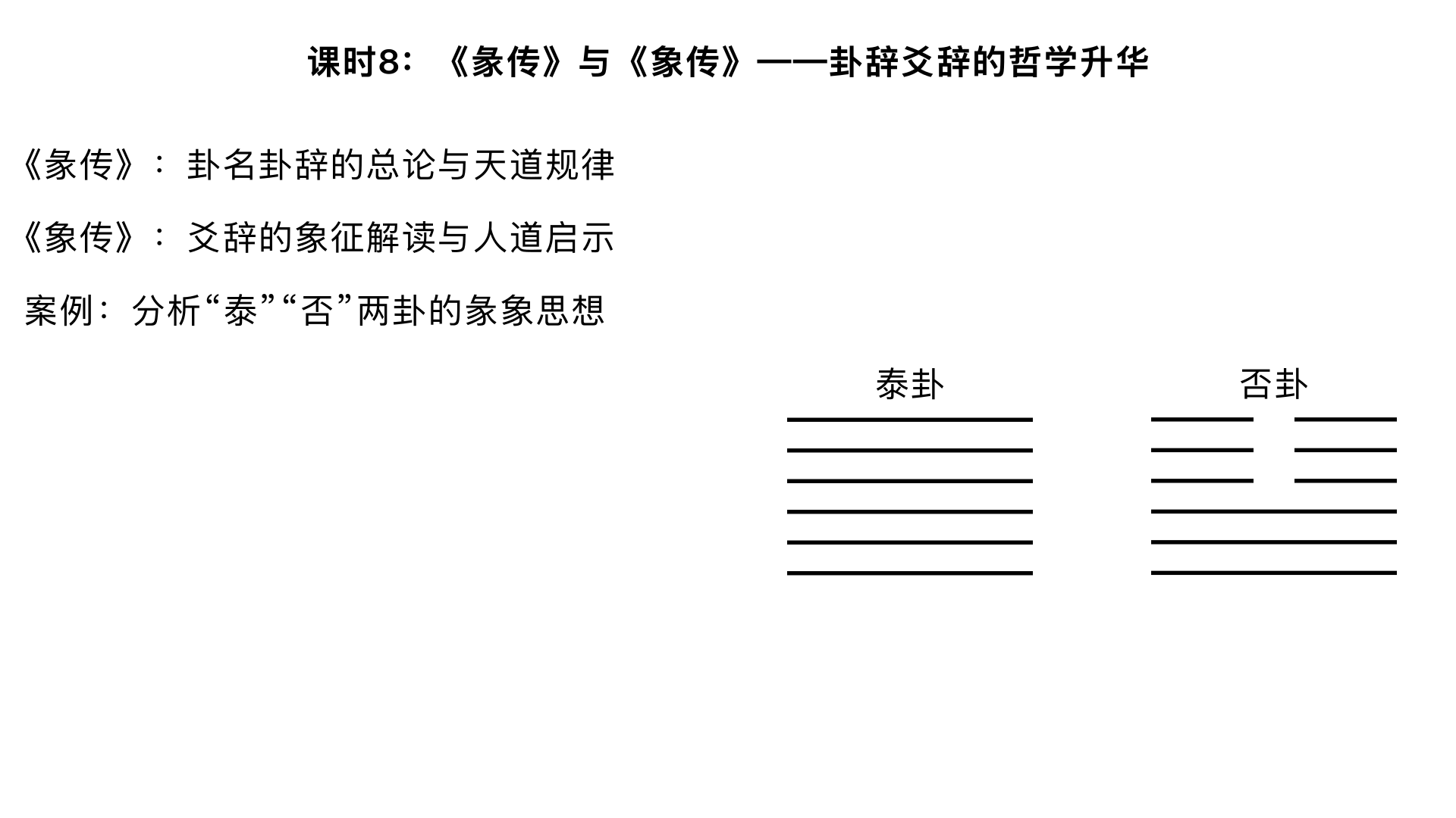 课时8：《彖传》与《象传》——卦辞爻辞的哲学升华
主要内容：

《彖传》：卦名卦辞的总论与天道规律

《象传》：爻辞的象征解读与人道启示

案例：分析“泰”“否”两卦的彖象思想