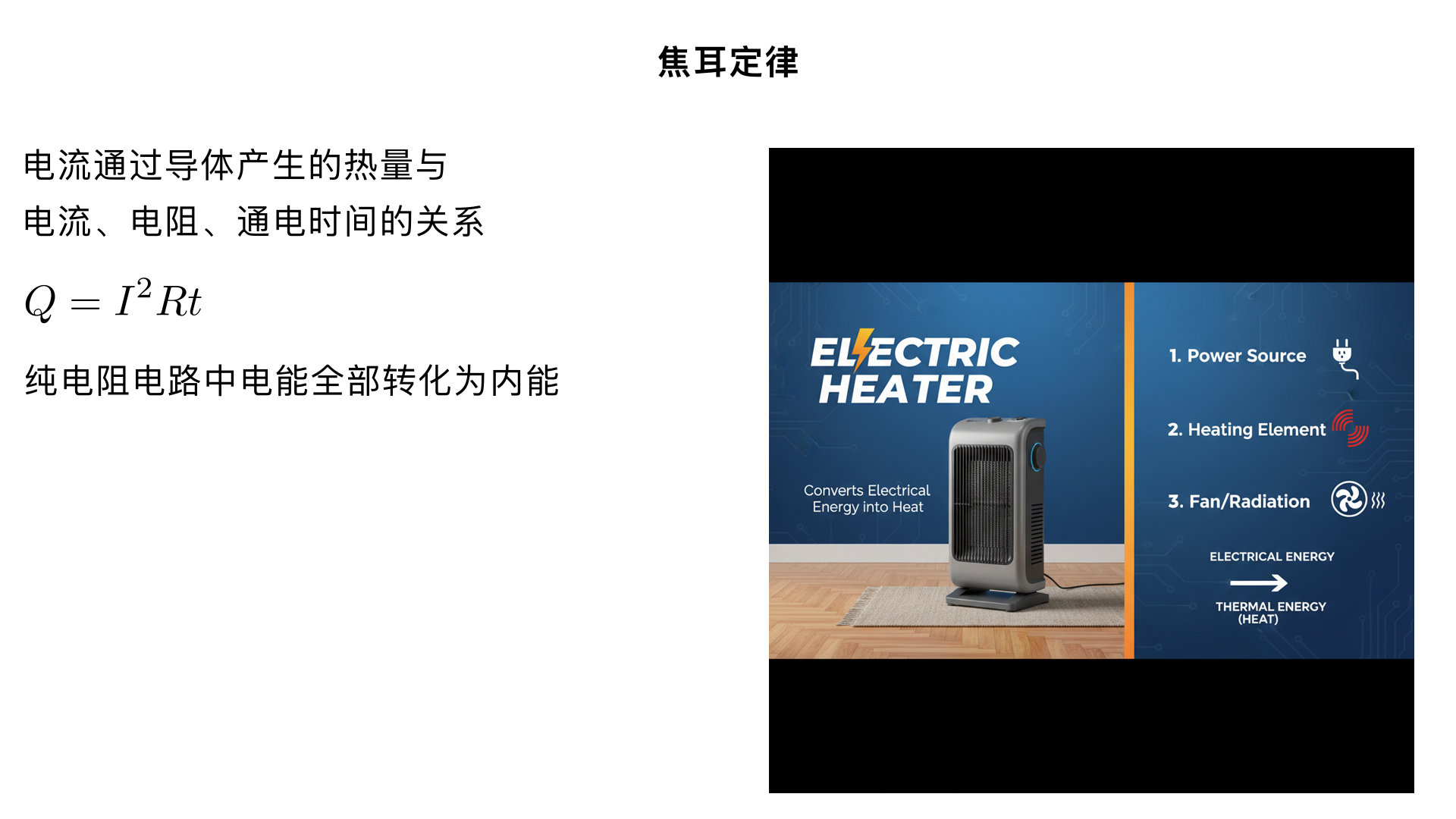 九年级物理/电功率/焦耳定律
焦耳定律是电功率章节中电流热效应的核心规律，揭示了 “电流通过导体产生的热量与哪些因素有关”，是中考高频考点（常考实验探究、公式计算、实际应用）。以下从 “定义→公式→实验→应用→区别辨析→易错点” 全面梳理，适配九年级课本和考试要求。
一、焦耳定律的基本内容
1. 发现者与核心结论
英国物理学家焦耳通过大量实验得出：电流通过导体产生的热量（简称 “电热”，用 Q 表示），跟电流的二次方成正比，跟导体的电阻成正比，跟通电时间成正比。
2. 关键词理解
“电流的二次方成正比”：电流翻倍，电热会变成原来的 4 倍（而非 2 倍），这是易错点！
“跟电阻成正比”：在电流、通电时间相同的情况下，电阻越大，产生的热量越多（比如电炉丝电阻大，发热多）。
二、核心公式（重点！区分 “普遍式” 和 “推导式”）
1. 基本公式（普遍适用，所有电路都能用）
Q=I 
2
 Rt
符号含义：
Q：电热（单位：焦耳，简称 “焦”，符号 J）；
I：通过导体的电流（单位：安培，A）；
R：导体的电阻（单位：欧姆，Ω）；
t：通电时间（单位：秒，s）。
2. 推导公式（仅适用于 “纯电阻电路”）
纯电阻电路：电能全部转化为内能的电路（无其他形式能量转化，如电热器、白炽灯、电阻丝等）。根据欧姆定律 
U=IR
（或 
I= 
R
U
​
 
），结合电功公式 
W=UIt=Pt
，可推导：
Q=W=UIt= 
R
U 
2
 t
​
 =Pt
3. 公式使用注意
非纯电阻电路（如电动机、充电器、电风扇）：电能大部分转化为机械能 / 化学能，小部分转化为内能，此时 Q < W，只能用 
Q=I 
2
 Rt
 计算电热，不能用 
R
U 
2
 t
​
 
 或 
UIt
！
例：电动机工作时，消耗的电能 W=UIt（转化为机械能 + 内能），产生的电热 Q=I²Rt（仅内能部分），所以 W≠Q。
三、实验探究：电流产生的热量与哪些因素有关（中考常考！）
1. 实验目的
探究电热 Q 与电流 I、电阻 R、通电时间 t 的关系。
2. 实验方法
控制变量法：每次只改变一个变量，控制另外两个变量不变（核心方法）；
转换法：无法直接测量 “热量多少”，通过观察 “密闭容器中空气受热膨胀，推动 U 形管液面高度差” 来间接反映（液面差越大，产生的热量越多）。
3. 实验装置（课本经典装置）
两个相同的密闭容器（内装等质量空气），分别放入不同阻值的电阻丝（R₁ < R₂），容器上方连接 U 形管（装红墨水），电路分两种情况：
探究 Q 与 R 的关系：将 R₁、R₂串联（控制电流 I 和通电时间 t 相同）；
探究 Q 与 I 的关系：在 R₁（或 R₂）两端并联一个支路（控制电阻 R 和通电时间 t 相同，改变通过 R₁的电流）。
4. 实验现象与结论
探究变量	控制条件	实验现象	结论
电阻 R	I、t 相同	电阻大的容器，U 形管液面差更大	Q 与 R 成正比（I、t 一定时）
电流 I	R、t 相同	电流大的支路，容器 U 形管液面差更大	Q 与 I² 成正比（R、t 一定时）
时间 t	I、R 相同	通电时间越长，U 形管液面差越大	Q 与 t 成正比（I、R 一定时）
四、焦耳定律的实际应用（分 “利用” 和 “防止”）
1. 利用电热：电热器（纯电阻电路）
定义：专门将电能转化为内能的用电器（核心是 “发热体”）。
常见例子：电炉、电暖器、电水壶、电熨斗、电饭煲、白炽灯（灯丝发热发光）。
发热体特点：用电阻率大、熔点高的材料制成（如镍铬合金丝），确保电阻大（发热多）、不易熔断。
2. 防止电热危害（避免电热过多损坏用电器 / 引发危险）
原因：过多电热会导致用电器温度过高，烧毁元件、引发火灾（如电线过热、电动机过热）。
常见措施：
散热：电脑主机装散热风扇、电视机外壳有散热孔、电动机装风扇；
减小电阻：电线用粗铜丝（横截面积大，电阻小，发热少）；
断电保护：电熨斗、电饭煲装 “温控开关”，温度过高自动断电。
五、关键区别：电功（W）与电热（Q）
很多同学会混淆 “电功” 和 “电热”，核心区别在于能量转化方向：
物理量	定义	公式（普遍式）	关系	适用场景
电功 W	电流做的功，等于消耗的总电能	W = UIt	纯电阻电路：W = Q（电能全转内能）	所有电路（计算总电能消耗）
电热 Q	电流通过导体产生的内能	Q = I²Rt	非纯电阻电路：W > Q（电能部分转内能）	所有电路（计算产生的热量）
例：1. 用电水壶烧水（纯电阻）：W=Q（消耗的电能全变成水的内能）；2. 用电风扇吹风（非纯电阻）：W = 机械能 + Q（大部分电能转机械能，少部分转内能）。
六、典型例题（中考高频题型）
例题 1：公式计算（纯电阻电路）
一个阻值为 50Ω 的电阻丝，通过它的电流为 0.2A，通电 100s，求产生的热量。解：用基本公式 
Q=I 
2
 Rt
代入数据：
Q=(0.2A) 
2
 ×50Ω×100s=200J
例题 2：非纯电阻电路判断
电动机的额定电压为 220V，额定电流为 5A，电阻为 10Ω，通电 10s。求：（1）电动机消耗的总电能（电功）；（2）电动机产生的电热；（3）转化为机械能的能量。解：（1）总电能 
W=UIt=220V×5A×10s=11000J
；（2）电热 
Q=I 
2
 Rt=(5A) 
2
 ×10Ω×10s=2500J
；（3）机械能 
机
。（注意：不能用 
Q= 
R
U 
2
 t
​
 
 计算，因为电动机是非纯电阻电路！）
七、易错点总结（避开中考 “坑”）
公式混用：非纯电阻电路用 
R
U 
2
 t
​
 
 计算电热（错误！只能用 
Q=I 
2
 Rt
）；
忽略 “电流的二次方”：认为 “电流翻倍，电热翻倍”（错误！电热是原来的 4 倍）；
混淆 W 和 Q：所有电路都用 W=Q 计算（错误！仅纯电阻电路成立）；
实验控制变量错误：探究 Q 与 R 的关系时，将电阻并联（错误！应串联，保证电流相同）；
单位不统一：电流用 “毫安（mA）”、时间用 “分钟（min）” 直接代入公式（错误！需换算为 A、s）。
总结
焦耳定律的核心是 
Q=I 
2
 Rt
，记住 “纯电阻可推导，非纯电阻用基本式”，结合实验的 “控制变量法 + 转换法”，理解电热的 “利用与防止”，就能轻松应对中考相关题型。如果需要针对性的实验题、计算题专项练习，可以进一步补充！

