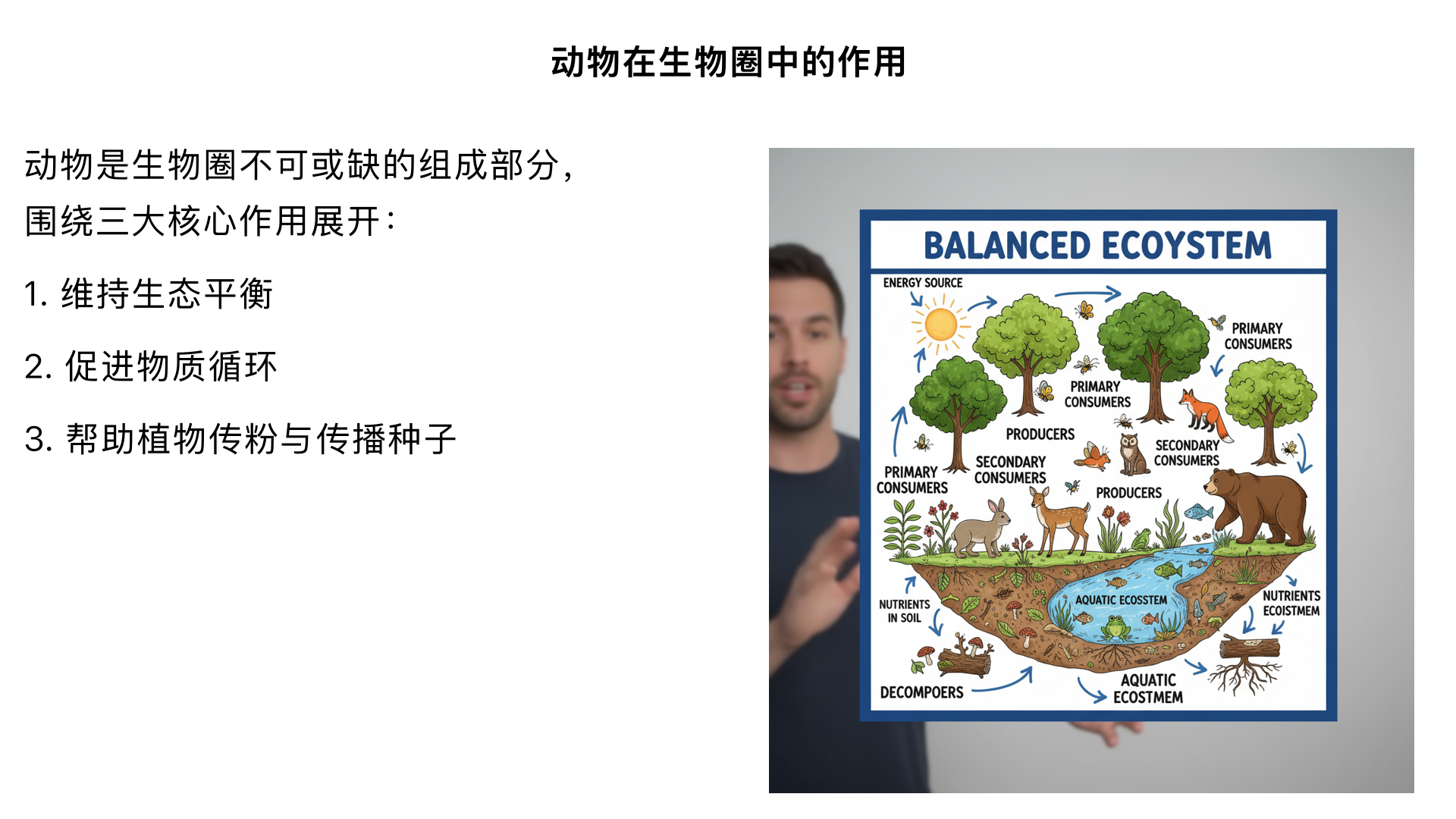八年级生物/动物在生物圈中的作用（八年级生物核心知识点）
动物是生物圈中不可或缺的组成部分，其作用围绕 “生态平衡、物质循环、生物互动” 三大核心展开，与植物、微生物共同构成稳定的生态系统，具体可分为以下三个关键方面：
一、维持生态系统的平衡（核心作用）
1. 什么是生态平衡？
生态系统中，生物的种类、数量和所占比例始终保持相对稳定的状态，称为生态平衡。这种平衡依赖于生物之间的相互制约、相互依存。
2. 动物如何维持平衡？
动物是食物链和食物网的关键环节，通过 “捕食与被捕食” 关系调节种群数量：
控制被捕食者数量：例如，狼捕食羊，能防止羊的种群过度繁殖，避免草原植被被过度啃食；青蛙捕食蝗虫，可抑制蝗虫泛滥，保护农作物和草原生态。
为捕食者提供能量：动物作为消费者，将自身能量传递给更高营养级的生物（如蛇吃青蛙、鹰吃蛇），保证食物链的完整性。
避免单一物种占优：若某种动物灭绝或数量骤变，会导致食物链断裂。例如，滥杀麻雀会导致害虫泛滥（麻雀捕食害虫），滥杀狼会导致鹿群泛滥，进而破坏植被。
结论：
动物的存在能防止某一物种 “过度繁殖” 或 “灭绝”，保证生态系统的结构和功能稳定。
二、促进生态系统的物质循环
1. 物质循环的核心逻辑
生物圈中的物质（如二氧化碳、水、无机盐）在生物与无机环境之间反复循环，动物作为消费者，是物质循环的 “关键传递者”。
2. 动物促进物质循环的过程：
摄取有机物：动物以植物或其他动物为食，获取植物通过光合作用制造的有机物（如淀粉、蛋白质）。
分解与释放：动物通过呼吸作用，将有机物分解为二氧化碳和水，释放到大气中，供植物再次进行光合作用；同时，动物的排泄废物（如粪便、尿液）和遗体，会被分解者（细菌、真菌）分解，释放出无机盐（如氮、磷、钾），回归土壤，供植物吸收利用。
举例：
蚯蚓以土壤中的腐殖质为食，其粪便富含无机盐，能改良土壤，促进植物生长；同时蚯蚓松土，增加土壤透气性，利于微生物分解有机物。
牛羊吃草后，通过呼吸释放二氧化碳，粪便分解后为草提供无机盐，完成 “草→动物→无机环境→草” 的物质循环。
结论：
动物将 “植物制造的有机物” 转化为 “无机环境中的物质”，加速了物质在生物与环境之间的循环，让生物圈的物质流动持续进行。
三、帮助植物传粉、传播种子（生物间的协同作用）
动物与植物之间存在 “互利共生” 关系，动物的活动帮助植物完成繁殖和分布，具体分为两类：
1. 帮助植物传粉
作用：许多植物需要花粉从雄蕊传递到雌蕊才能结果，动物是重要的 “传粉媒介”。
举例：
蜜蜂、蝴蝶、蛾类吸食花蜜时，身体会沾染花粉，飞到另一朵花上时，花粉会落到雌蕊上，完成传粉（如桃花、油菜花依赖蜜蜂传粉）。
某些鸟类（如蜂鸟）、蝙蝠也会为特定植物传粉（如仙人掌、倒挂金钟）。
意义：若没有动物传粉，许多植物无法结果，会导致物种繁殖受阻，甚至灭绝。
2. 帮助植物传播种子
作用：动物帮助植物将种子传播到更远的地方，扩大植物的分布范围，避免后代拥挤在母体周围争夺资源。
举例：
种子附着在动物体表：苍耳的果实有钩刺，能粘在动物的皮毛上，被带到其他地方；鬼针草的种子也可附着在动物身上传播。
种子通过动物消化道传播：鸟类、哺乳动物吃了植物的果实（如樱桃、葡萄、柿子）后，种子不会被消化，随粪便排出体外，落在适宜的环境中就能萌发。
动物埋藏种子：松鼠储存松子、仓鼠储存坚果时，会将种子埋在土壤中，部分未被取食的种子会发芽生长。
补充：动物在生物圈中的其他次要作用
为人类提供资源：动物是人类食物（肉、蛋、奶）、药材（如鹿茸、牛黄）、工业原料（如羊毛、蚕丝）的重要来源（注：需强调 “合理利用”，避免滥捕滥杀）。
参与生态系统的净化：某些动物能清除环境中的废物，例如秃鹫、蜣螂（屎壳郎）以动物遗体为食，加速遗体分解，避免环境污染，被称为 “自然界的清道夫”。
总结
动物在生物圈中并非 “多余存在”，而是通过维持生态平衡、促进物质循环、帮助植物繁殖三大核心作用，与植物、微生物、无机环境构成相互依存、相互制约的统一整体。一旦动物种类或数量大幅减少，会导致生态系统失衡（如生物多样性下降、物质循环受阻），最终影响整个生物圈的稳定。
这也是为什么保护动物、禁止滥捕滥杀，是保护生物圈的重要举措。