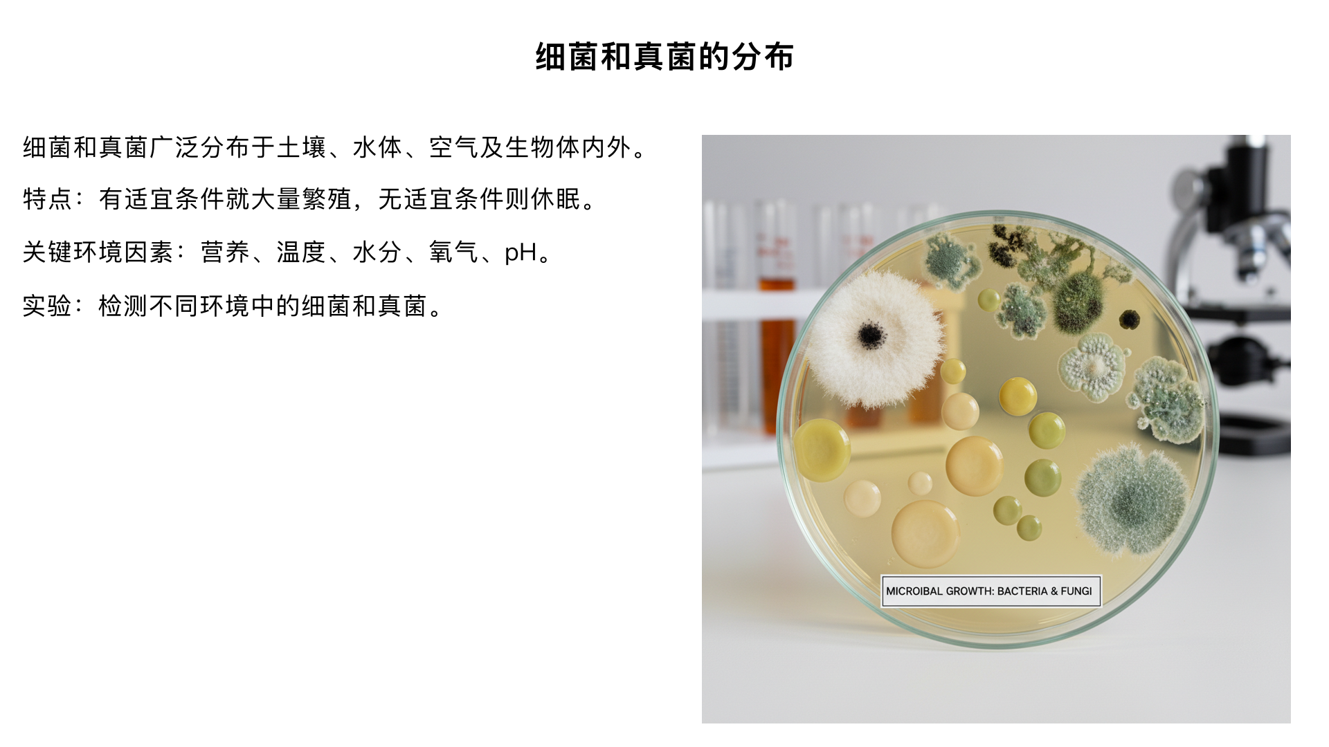 八年级生物 / 细菌和真菌 / 细菌和真菌的分布
一、核心概念：细菌和真菌的分布特点
1. 分布范围 —— 广泛且无处不在
自然环境：土壤（细菌和真菌的主要 “大本营”）、水（淡水、海水）、空气（悬浮状态，数量随环境清洁度变化）。
生物体内外：人体表面（皮肤、口腔、肠道）、植物体表（叶片、根际）、动物体内（肠道菌群）。
极端环境：部分细菌 / 真菌可适应高温（如温泉中的耐热菌）、低温（冷藏环境中的霉菌）、高盐（咸菜中的耐盐细菌）、缺氧（土壤深层的厌氧细菌）等环境。
2. 分布特点 ——“有适宜条件就大量繁殖，无适宜条件则休眠”
细菌和真菌的分布不是均匀的，受环境因素影响显著，在温暖、潮湿、有机物丰富的环境中数量最多（如发霉的面包、腐烂的水果、肥沃的土壤）。
二、影响细菌和真菌分布的关键环境因素
1. 营养物质（核心条件）
细菌和真菌都是异养生物，必须依赖现成的有机物生存（如糖类、蛋白质、有机物碎屑）。
例：富含有机物的土壤中细菌数量远多于贫瘠土壤；干净的玻璃表面因缺乏营养，细菌真菌数量极少。
2. 温度
适宜温度：多数细菌和真菌的适宜繁殖温度为 20~40℃（人体体温 37℃左右是许多致病菌的适宜温度）。
低温：抑制繁殖（如冰箱冷藏可延长食物保质期），但不会杀死细菌 / 真菌（低温下进入休眠状态）。
高温：多数细菌和真菌在 80℃以上会被杀死（如煮沸消毒、高温灭菌），但芽孢（细菌的休眠体）可耐受更高温度（如 121℃高压灭菌才能杀死芽孢）。
3. 水分
细菌和真菌的生命活动离不开水分，干燥环境会抑制其生长繁殖（如晒干的粮食、风干的腊肉不易发霉）。
例：潮湿的雨季衣物易发霉，而干燥的沙漠环境中细菌真菌数量极少。
4. 氧气
需氧型：多数细菌和真菌需要氧气才能生存（如霉菌、醋酸菌）。
厌氧型：部分细菌不需要氧气（如乳酸菌、破伤风杆菌，在缺氧环境中才能繁殖）。
兼性厌氧型：既能在有氧环境中生存，也能在无氧环境中繁殖（如酵母菌）。
5. pH 值（酸碱度）
多数细菌和真菌适宜在中性或微酸性环境中生长（pH 6.5~7.5）。
特殊情况：如乳酸菌适宜在酸性环境（pH 4.5~5.5）中生长（制作酸奶时利用这一特性）；部分真菌可耐受弱碱性环境。
三、探究实验：检测不同环境中的细菌和真菌（重点实验）
1. 实验目的
探究不同环境（如土壤、口腔、桌面、空气）中是否存在细菌和真菌。
比较不同环境中细菌和真菌的数量差异。
2. 实验原理
细菌和真菌在含有营养物质的培养基上会大量繁殖，形成肉眼可见的 “菌落”（一个细菌或真菌繁殖形成的集合体）。
通过观察菌落的有无、大小、形态、颜色，可判断环境中是否存在细菌和真菌，以及数量多少。
3. 实验材料
培养基：含营养物质（如琼脂 + 牛肉汁 / 葡萄糖）的固体培养基（提供营养和生长载体）。
工具：无菌棉签、培养皿、酒精灯、接种环、恒温培养箱、标签纸。
4. 实验步骤（核心：无菌操作，避免杂菌污染）
步骤	操作要点	目的
1. 准备培养基	将配置好的培养基倒入培养皿，冷却后凝固（形成平板）；用高压蒸汽灭菌或煮沸法灭菌	杀死培养基中的杂菌，保证实验变量唯一
2. 采样与接种	- 土壤：用无菌棉签蘸取少量土壤，在培养基表面轻轻涂抹；
- 口腔：用无菌棉签轻刮口腔内壁，在培养基上涂抹；
- 桌面：用无菌棉签擦拭桌面，在培养基上涂抹；
- 空气：打开培养皿盖，暴露在空气中 5~10 分钟后盖上盖子（对照实验：另设一个不暴露的培养皿作为空白对照）	将环境中的细菌 / 真菌转移到培养基上
3. 培养	给培养皿贴标签（注明环境类型、日期），放入 25~30℃恒温培养箱中培养 3~5 天	提供适宜温度，让细菌 / 真菌繁殖形成菌落
4. 观察与记录	观察菌落的有无、大小、形状（细菌菌落多为圆形、较小；真菌菌落多为绒毛状、絮状，较大）、颜色（细菌菌落多为白色 / 黄色，真菌菌落有黑色、绿色、红色等）	分析不同环境中细菌 / 真菌的分布情况
5. 实验现象与结论
现象：多数采样组（土壤、口腔、桌面）的培养基上会出现菌落，空气组可能出现少量菌落，空白对照组无菌落。
结论：① 细菌和真菌广泛分布在各种环境中；② 不同环境中细菌和真菌的数量不同（如土壤、口腔中的菌落数量通常较多）；③ 无菌操作是实验成功的关键（若空白对照组出现菌落，说明实验被杂菌污染，结果无效）。
6. 注意事项
接种前需用酒精灯灼烧接种环 / 棉签（灭菌），避免手上的杂菌污染培养基。
培养皿盖应倒置培养（防止冷凝水滴落污染菌落，影响观察）。
实验结束后，需将培养皿高温灭菌后再处理（避免实验中的细菌 / 真菌扩散到环境中）。
四、细菌和真菌分布与人类生活的关系
1. 有益应用（利用其分布特性）
食品制作：利用温暖、潮湿、有机物丰富的环境让特定细菌 / 真菌繁殖（如酵母菌发酵制作面包、乳酸菌发酵制作酸奶）。
环境净化：利用土壤中的细菌 / 真菌分解动植物遗体、污水中的有机物（如污水处理厂的生物处理池）。
医药生产：培养特定细菌 / 真菌生产抗生素（如青霉素来自青霉菌）。
2. 有害防控（针对其分布特点采取措施）
食物保存：通过控制环境因素抑制细菌 / 真菌生长（如冷藏 / 冷冻控制温度、晒干 / 风干控制水分、腌制 / 真空包装减少氧气和水分）。
疾病预防：保持环境干燥清洁（减少致病菌滋生）、高温消毒（如煮沸餐具）、避免伤口接触不洁环境（防止破伤风杆菌等厌氧菌感染）。
物品防霉：保持衣物、家具干燥通风，避免长期处于潮湿环境（如雨季使用除湿机）。
五、核心考点与易错点
1. 核心考点
细菌和真菌的分布范围及适宜生长环境。
影响分布的关键因素（营养、温度、水分、氧气）。
“检测不同环境中的细菌和真菌” 实验的步骤、无菌操作的意义、菌落的区分（细菌菌落 vs 真菌菌落）。
2. 易错点
误区 1：“低温能杀死细菌和真菌”→ 错误，低温仅抑制繁殖，不会杀死（如冰箱中的食物取出后，温度适宜时细菌会再次繁殖）。
误区 2：“干净的环境中没有细菌和真菌”→ 错误，只是数量极少，且多为非致病菌。
误区 3：“细菌和真菌都需要氧气”→ 错误，存在厌氧型细菌（如乳酸菌、破伤风杆菌）。
误区 4：“菌落越大，细菌 / 真菌数量越多”→ 错误，菌落大小还与细菌 / 真菌的种类有关（真菌菌落通常比细菌菌落大），需结合菌落数量和大小综合判断。