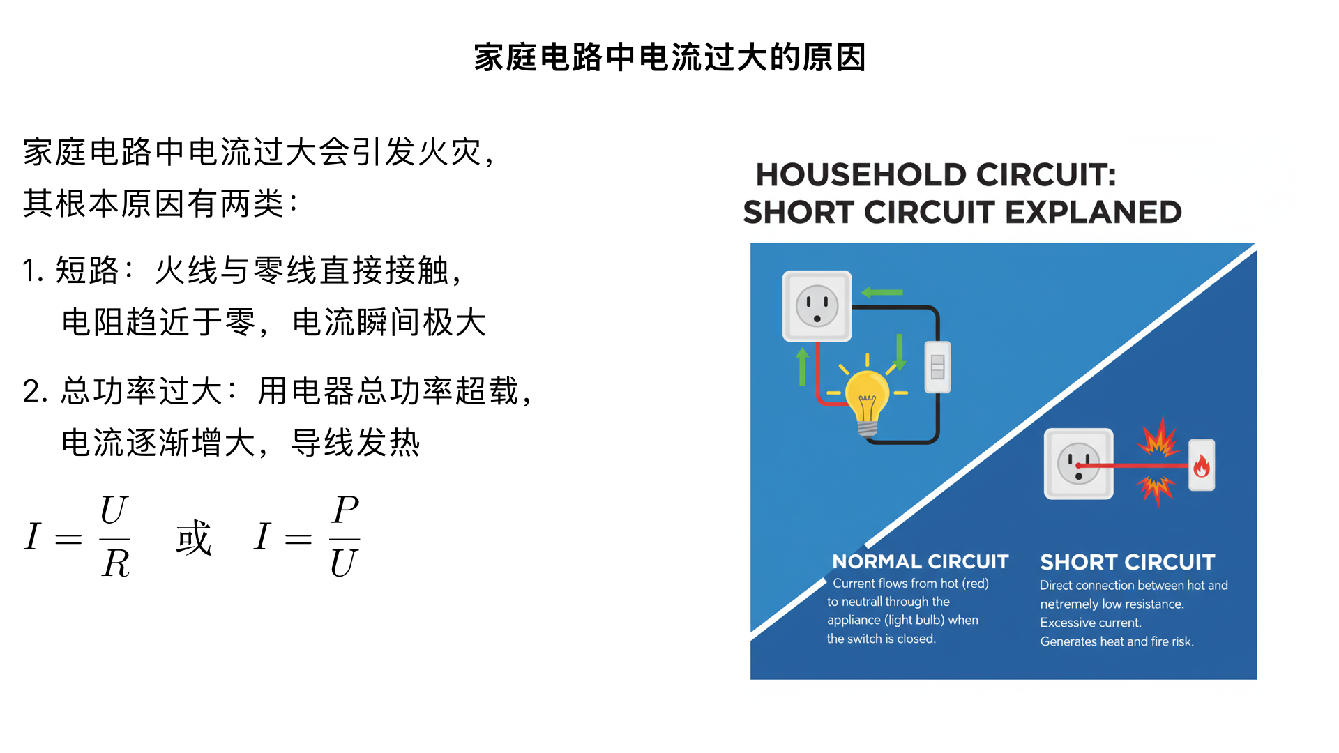 九年级物理 / 生活用电 / 家庭电路中电流过大的原因
一、核心结论
家庭电路中电流过大的根本原因有两类，均基于电学核心公式（
I= 
R
U
​
 
 或 
P=UI
）推导，且会直接导致导线发热、引发火灾，是家庭用电安全的重点防范内容：
短路（最危险，电流瞬间极大）
用电器总功率过大（俗称 “过载”，电流逐渐增大）
二、分点详细解析（结合公式 + 实例 + 危害）
（一）原因 1：短路（电流过大的最主要危险原因）
1. 定义
电路中 火线与零线未经用电器直接连通（相当于用电器电阻 
R≈0
）。
2. 原理推导（基于欧姆定律 
I= 
R
U
​
 
）
家庭电路电压 
U=220V
（恒定不变）；
短路时，电路总电阻 
R
 极小（趋近于 0）；
根据 
I= 
R
U
​
 
，分母极小→电流 
I
 极大（瞬间达到几十甚至上百安培，远超导线承受能力）。
3. 常见实例
电线绝缘皮老化、破损，导致火线与零线接触；
插座、灯座内部进水或杂物，造成两极直接连通；
用电器（如台灯、洗衣机）内部故障（如线圈短路），接通电源后引发整体电路短路；
违规操作（如用导线直接连接插座两极测试通电）。
4. 危害
瞬间大电流会使导线温度急剧升高，烧坏绝缘皮，甚至引燃周围可燃物（如墙壁、家具），引发火灾；
可能损坏电路中的用电器，造成触电风险。
（二）原因 2：用电器总功率过大（日常最易发生）
1. 定义
家庭电路中同时工作的用电器 总功率超过电路设计的最大承载功率（即 “过载”）。
2. 原理推导（基于电功率公式 
P=UI
，变形为 
I= 
U
P
​
 
）
家庭电路电压 
U=220V
（恒定不变）；
电路中所有用电器是 并联 连接的（并联电路总功率 
P 
总
​
 =P 
1
​
 +P 
2
​
 +⋯+P 
n
​
 
）；
当同时开启多个大功率用电器（如空调、电热水器、电磁炉）时，总功率 
P 
总
​
 
 急剧增大；
根据 
I= 
U
P 
总
​
 
​
 
，分子增大→总电流 
I 
总
​
 
 随之增大，超过导线允许的最大电流（通常家庭电路总电流承载能力为 10A 或 16A）。
3. 常见实例
夏天同时开空调、电扇、冰箱、电热水器；
厨房同时使用电磁炉、电烤箱、电饭煲；
老旧房屋电路（设计功率小）接入现代大功率用电器（如 2000W 以上的空调）。
4. 危害
电流过大导致导线发热，长期过载会使绝缘皮老化加速，甚至熔化，引发短路或火灾；
可能导致灯泡变暗、插座发热、空气开关跳闸（或保险丝熔断）。
5. 关键计算示例（中考常考）
若家庭电路允许的最大电流为 10A，根据 
P=UI
，电路最大承载总功率为：
P 
max
​
 =220V×10A=2200W
；
若同时开启：1500W 电热水器 + 500W 电磁炉 + 300W 电饭煲，总功率 
P 
总
​
 =1500+500+300=2300W>2200W
，此时总电流 
I= 
220V
2300W
​
 ≈10.45A>10A
，电流过大。
三、延伸：电路的保护装置（呼应电流过大的解决方案）
为防止电流过大引发危险，家庭电路中会安装 保险丝 或 空气开关，其工作原理均基于电流过大的特性：
保险丝：由电阻率大、熔点低的铅锑合金制成，电流过大时，保险丝发热熔断，切断电路（不可重复使用）；
空气开关：利用电流的磁效应，电流过大时，电磁铁吸力增强，推动开关跳闸，切断电路（可重复闭合，更便捷）。
⚠️ 注意：不能用铜丝、铁丝代替保险丝（铜丝、铁丝熔点高，电流过大时不会熔断，失去保护作用）。