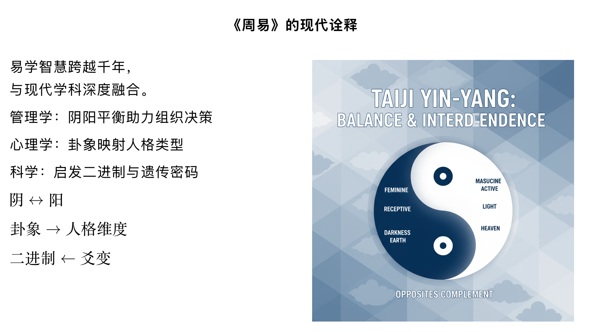 11、《周易》的现代诠释
主要内容：

易学与管理学（如“阴阳平衡”与组织决策）

易学与心理学（卦象与人格类型的关联）

易学与科学（二进制、遗传密码的启发）