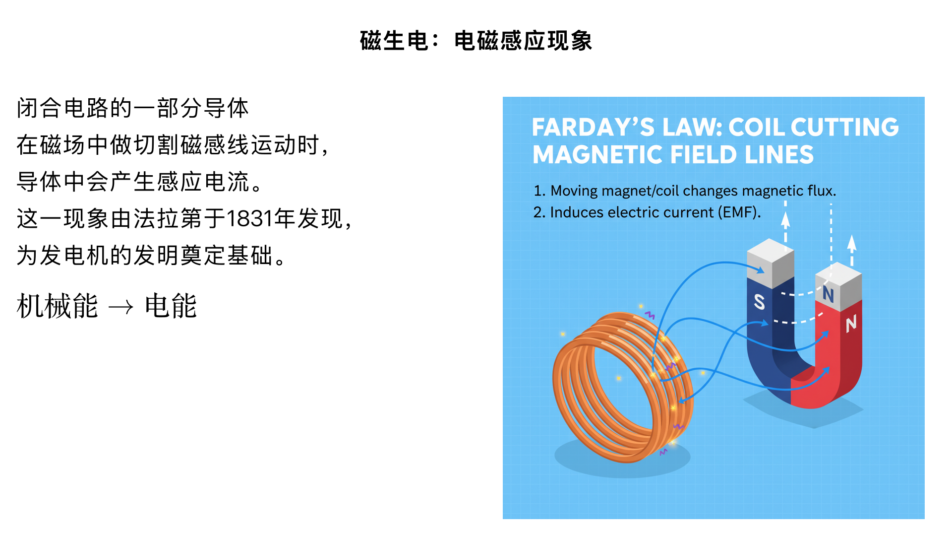 九年级物理 / 电与磁 / 磁生电
一、核心概念：电磁感应现象（磁生电的本质）
1. 定义
闭合电路的一部分导体在磁场中做切割磁感线运动时，导体中会产生电流，这种现象叫做电磁感应，产生的电流称为感应电流。
2. 发现者与意义
发现者：英国物理学家法拉第（1831 年）。
意义：揭示了 “磁能生电” 的规律，为发电机的发明奠定基础，实现了机械能向电能的转化，推动了电力时代的到来。
二、实验探究：法拉第电磁感应实验（重点考点）
1. 实验装置
核心器材：U 形磁体（提供磁场）、导体棒（如铜棒，作为切割磁感线的导体）、闭合电路（导线 + 电流表，电流表测感应电流）、开关。
关键条件：电路必须闭合，且只有 “一部分导体” 参与切割（全部导体切割磁感线时，电路中磁通量变化为零，无感应电流）。
2. 实验步骤与现象
操作方式	实验现象（电流表指针）	结论
导体棒静止在磁场中	不偏转	无感应电流
导体棒平行于磁感线运动	不偏转	未切割磁感线，无感应电流
导体棒垂直 / 斜切磁感线运动	偏转	切割磁感线，产生感应电流
改变磁场方向（N、S 极对调），保持导体运动方向不变	偏转方向相反	感应电流方向与磁场方向有关
保持磁场方向不变，改变导体运动方向	偏转方向相反	感应电流方向与导体切割磁感线运动方向有关
3. 实验结论
感应电流产生的两个必要条件：① 电路闭合；② 一部分导体做切割磁感线运动（两者缺一不可）。
感应电流的方向影响因素：① 磁场方向；② 导体切割磁感线的运动方向（改变其中一个，电流方向改变；两者同时改变，电流方向不变）。
三、感应电流的影响因素（拓展考点）
磁场强弱：磁场越强，感应电流越大（其他条件不变）。
导体切割速度：切割速度越快，感应电流越大（其他条件不变）。
导体匝数：若用线圈代替单根导体，线圈匝数越多，感应电流越大（相当于多根导体同时切割，电流叠加）。
四、电磁感应的应用（联系实际）
1. 发电机（核心应用）
（1）工作原理：电磁感应现象
（2）基本构造
定子：固定不动的磁体（提供磁场）。
转子：转动的线圈（切割磁感线的导体）。
换向器（直流发电机特有）：由两个半环组成，作用是将线圈中产生的交流电转化为直流电（输出方向不变的电流）。
（3）能量转化：机械能 → 电能（如水电站：水流冲击水轮机→带动发电机转子→切割磁感线产生电能；火力发电：燃料燃烧→内能→机械能→电能）。
（4）类型
交流发电机：输出交流电（电流方向周期性变化，我国电网标准：频率 50Hz，每秒方向改变 100 次）。
直流发电机：输出直流电（通过换向器实现）。
2. 动圈式话筒（麦克风）
工作原理：电磁感应现象。
工作过程：声音振动→带动话筒内的膜片振动→膜片连接的线圈在磁场中做切割磁感线运动→产生感应电流→电流通过导线传递到扬声器，还原成声音。
能量转化：声能 → 机械能 → 电能。
3. 其他应用：电磁感应加热器（如电磁炉，利用变化的磁场产生感应电流发热）、无线充电技术（部分原理基于电磁感应）。
五、关键对比：磁生电（电磁感应）vs 电生磁（电流的磁效应 / 通电导体在磁场中受力）
对比维度	磁生电（电磁感应）	电生磁（电流的磁效应 / 通电导体在磁场中受力）
核心现象	磁场→电流	电流→磁场 / 电流 + 磁场→力（运动）
实验基础	法拉第实验	奥斯特实验（电流磁效应）、电动机原理实验
电路条件	闭合电路，无电源（靠切割产生电流）	有电源（提供电流）
能量转化	机械能→电能	电能→机械能（电动机）/ 电能→磁能（电磁铁）
应用设备	发电机、动圈式话筒	电动机、电磁铁、动圈式扬声器
电流方向影响因素	磁场方向、导体运动方向	电流方向、磁场方向（电动机）
六、易错点与考点总结
1. 易错点
误区 1：“闭合电路的全部导体切割磁感线会产生感应电流”→ 错误！必须是 “一部分导体”（全部导体切割时，电路中磁通量变化为零，无电流）。
误区 2：“导体切割磁感线一定产生感应电流”→ 错误！需同时满足 “电路闭合” 和 “一部分导体” 两个条件（开路时切割仅产生感应电压，无电流）。
误区 3：“切割磁感线必须垂直切割”→ 错误！斜向切割也可以（只要运动方向不平行于磁感线，就能切割磁感线）。
误区 4：混淆发电机和电动机的原理→ 发电机（磁生电，无电源），电动机（电生磁 + 受力，有电源）。
2. 高频考点
实验题：法拉第实验的装置、现象、结论（感应电流产生条件、方向影响因素）。
应用题：发电机的工作原理、能量转化；动圈式话筒与扬声器的原理区分。
辨析题：磁生电与电生磁的现象、条件、应用对比（常以选择题形式考查）。