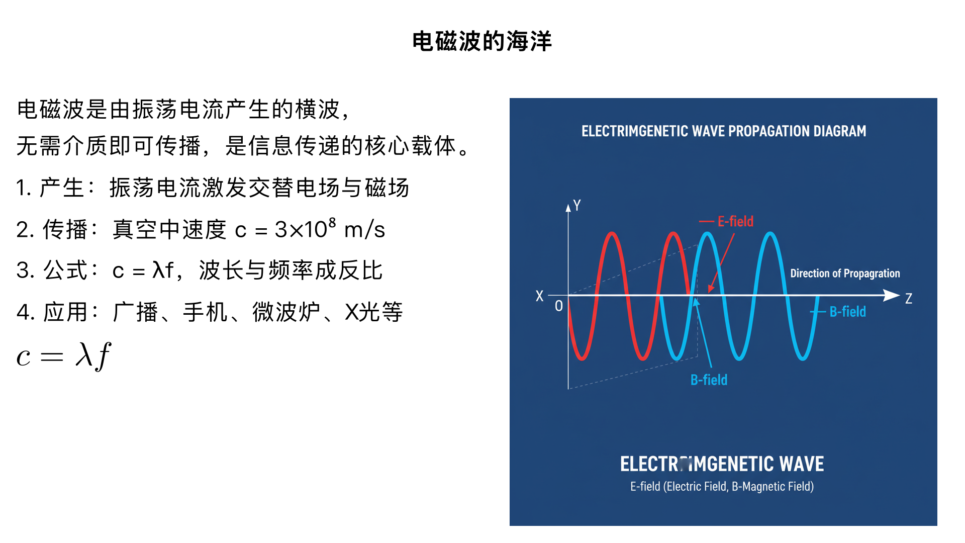 九年级物理 / 信息的传递 / 电磁波的海洋
一、核心概念：电磁波的本质
电磁波是由变化的电流（振荡电流） 产生的，是一种不需要介质就能传播的电磁场，属于 “横波”（振动方向与传播方向垂直），是信息传递的重要载体（如无线电、手机信号、卫星通信等）。
二、关键知识点（分层细化）
（一）电磁波的产生
产生条件：导体中通入振荡电流（方向、大小快速周期性变化的电流），会激发周围的电场和磁场交替变化，形成电磁波向外传播。
生活实例：电台发射塔、手机天线、微波炉内的磁控管，都是通过产生振荡电流来发射电磁波的。
简单实验验证：
打开收音机，靠近正在通话的手机，会听到 “咔咔” 声，说明手机通话时产生的电磁波干扰了收音机的信号。
用干电池、导线和锉刀组成简易电路，快速摩擦导线与锉刀接触点（产生变化电流），靠近收音机也会听到干扰声。
（二）电磁波的传播
传播特点：
不需要介质（可在真空中、空气、水等中传播），这是与声波最本质的区别（声波需要固体、液体、气体作为介质）。
传播速度：在真空中的速度为 c = 3×10⁸ m/s（与光速相同，说明光也是一种电磁波）；在空气中速度略小于真空中，近似取 3×10⁸ m/s。
传播规律：电磁波传播时，电场和磁场相互垂直，且都与传播方向垂直，形成 “横波” 结构（可画图辅助理解：传播方向为水平，电场方向竖直，磁场方向垂直纸面向外）。
（三）电磁波的三个核心特征（波长、频率、波速）
物理量定义：
波长（λ）：相邻两个波峰（或波谷）之间的距离，单位：米（m）。
频率（f）：单位时间内电磁波振动的次数，单位：赫兹（Hz），常用单位：千赫（kHz）、兆赫（MHz）、吉赫（GHz），换算关系：1 MHz = 10³ kHz = 10⁶ Hz。
波速（c）：电磁波的传播速度（真空中为 3×10⁸ m/s）。
核心公式：
c = λf（波速 = 波长 × 频率）
推导结论：在真空中（c 为定值），波长与频率成反比—— 频率越高，波长越短；频率越低，波长越长。
应用：已知电磁波的频率，可计算波长（λ = c/f）；反之亦然（如无线电广播的中波频率为 530 kHz~1600 kHz，可计算其波长范围约为 187.5 m~566 m）。
（四）电磁波谱（按波长从长到短分类）
不同波长（频率）的电磁波，应用场景不同，按 “波长由长到短、频率由低到高” 排列如下：
电磁波类型	波长范围	核心应用	注意事项
无线电波	最长（数千米～毫米）	广播、电视、手机通信、雷达、卫星导航	频率低，穿透能力较弱，适合长距离传播
红外线	毫米级～760 nm	红外测温、遥控（电视、空调）、红外成像	热效应明显，不可见光
可见光	760 nm~400 nm	人类视觉感知、照明、摄影	能被三棱镜分解为红、橙、黄、绿、蓝、靛、紫
紫外线	400 nm~10 nm	杀菌消毒（紫外线灯）、荧光防伪（验钞机）	过量照射会损伤皮肤和眼睛
X 射线	10 nm~0.01 nm	医学透视（X 光片）、安检扫描	穿透能力强，过量照射有害
γ 射线	最短（小于 0.01 nm）	医疗放疗（治疗癌症）、工业探伤	穿透能力极强，具有放射性危害
记忆口诀：“无线电波红外光，可见光带紫外光，X 射线加 γ 射线，波长越短能越强（穿透能力、能量）”。
三、易混点对比（电磁波 vs 声波）
对比维度	电磁波	声波
传播介质	不需要（可在真空中传播）	需要（固体、液体、气体，真空不能传声）
传播速度	真空中 3×10⁸ m/s（极快）	空气中约 340 m/s（较慢）
本质属性	电磁场的传播（横波）	机械振动的传播（纵波）
产生原因	振荡电流	物体的机械振动
常见应用	手机、电视、雷达、微波炉	说话、音乐、超声探伤
四、典型例题（巩固核心知识点）
例题 1（公式应用）
某电台发射的无线电波频率为 100 MHz（1 MHz = 10⁶ Hz），求该电磁波在真空中的波长。解：已知 c = 3×10⁸ m/s，f = 100 MHz = 10⁸ Hz由 c = λf 得：λ = c/f = 3×10⁸ m/s ÷ 10⁸ Hz = 3 m答：该电磁波的波长为 3 米。
例题 2（概念辨析）
下列关于电磁波的说法正确的是（ ）A. 电磁波只能在空气中传播B. 电磁波的传播速度与频率无关（真空中）C. 超声波属于电磁波D. 电磁波的波长越长，频率越高答案：B解析：A 错误，电磁波可在真空中传播；B 正确，真空中电磁波速度恒为 3×10⁸ m/s，与频率无关；C 错误，超声波是声波，需要介质，不属于电磁波；D 错误，波长与频率成反比，波长越长，频率越低。
五、知识拓展（联系生活实际）
电磁波的应用场景：
通信类：手机（微波）、卫星通信（微波）、无线电广播（中波、短波）、Wi-Fi（微波）。
生活类：微波炉（微波使食物分子振荡发热）、电视遥控（红外线）、验钞机（紫外线）。
科技医疗类：X 光片（X 射线）、放疗（γ 射线）、雷达（无线电波）。
电磁波的危害与防护：
危害：过量的电磁波辐射会影响人体健康（如微波辐射可能损伤细胞，紫外线灼伤皮肤）。
防护：避免长时间靠近大功率电磁波发射源（如电台发射塔、微波炉）；使用手机时尽量远离头部；紫外线照射时佩戴防护眼镜和衣物。