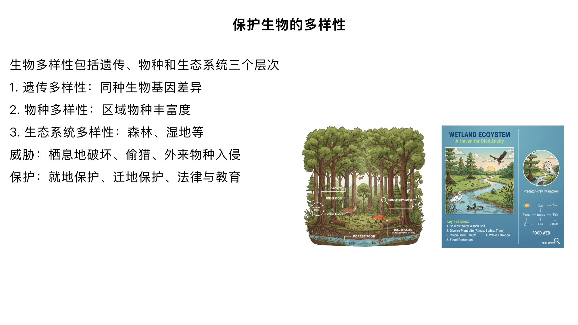 八年级生物 / 保护生物的多样性
一、核心概念：生物多样性的内涵（3 个层次，层层递进）
1. 遗传多样性（基因多样性）
定义：指同种生物不同个体之间的基因差异（如水稻的不同品种、狗的不同毛色）。
核心意义：是生物进化的基础，为物种适应环境、抵御疾病提供原始材料。
2. 物种多样性
定义：指一定区域内生物种类的丰富程度（如热带雨林的物种数远多于沙漠）。
常用指标：物种丰富度（某区域内已知物种的总数）。
3. 生态系统多样性
定义：指生物群落与无机环境构成的统一整体的多样性（如森林、草原、湿地、海洋、淡水生态系统等）。
内在联系：生态系统是物种和基因的 “载体”，生态系统破坏会直接导致物种和基因多样性丧失。
总结：三个层次的关系 ——生态系统多样性 → 物种多样性 → 遗传多样性（从宏观到微观，相互依存）。
二、生物多样性面临的威胁及原因（重点考点）
1. 现状：全球生物多样性快速减少
具体表现：物种灭绝速度加快（目前是自然灭绝速度的 100-1000 倍），许多物种濒临灭绝（如大熊猫、朱鹮、珙桐等）。
2. 主要威胁原因（按影响程度排序）
威胁原因	具体表现	典型例子
栖息地的破坏和丧失（最主要原因）	森林砍伐、湿地围垦、城市扩张、环境污染	亚马逊雨林砍伐导致特有物种消失；湿地减少导致丹顶鹤栖息地不足
滥捕滥杀（偷猎）	非法猎杀野生动物获取皮毛、器官、肉类	大象因象牙偷猎数量锐减；藏羚羊曾因偷猎濒临灭绝
外来物种入侵	外来生物抢占本地物种资源、传播疾病，破坏生态平衡	水葫芦疯长堵塞河道，导致本地水生生物死亡；红火蚁入侵破坏农田生态
环境污染	水体污染（工业废水、生活污水）、大气污染（酸雨）、土壤污染（农药、重金属）	酸雨导致森林枯萎、湖泊酸化；农药残留影响昆虫和鸟类生存
其他因素	全球气候变暖、过度开发利用（如过度捕捞）、生态系统单一化（如大面积种植单一作物）	气候变暖导致北极熊栖息地（冰川）缩小；过度捕捞导致鱼类资源枯竭
三、保护生物多样性的措施（核心重点，分层次记忆）
1. 根本措施：保护生物的栖息地和生态系统多样性
原理：生态系统是生物生存的基础，保护生态系统才能从根源上保护物种和基因。
具体行动：治理环境污染、退耕还林还草、恢复湿地、建立生态廊道（连接破碎化的栖息地）。
2. 最有效的措施：就地保护（核心手段）
定义：在生物的原生环境中建立自然保护区等保护区域，保护完整的生态系统和物种。
主要形式：
自然保护区（如长白山自然保护区 —— 保护温带森林生态系统和东北虎；卧龙自然保护区 —— 保护大熊猫；西双版纳自然保护区 —— 保护热带季雨林和亚洲象）。
国家公园、风景名胜区等。
作用：为生物提供天然 “避难所”，保护物种的自然繁衍和基因交流。
3. 辅助措施：迁地保护（补充手段）
定义：将濒危物种迁移到人工环境中进行保护和繁育，待条件成熟后再回归自然。
主要形式：植物园（保护珍稀植物，如珙桐、水杉）、动物园（保护珍稀动物，如大熊猫、金丝猴）、种质库（储存植物种子、动物精子 / 卵子，如国家作物种质库）。
适用情况：物种栖息地严重破坏、濒临灭绝，无法在野外生存时使用。
4. 法律与管理措施：制度保障
我国相关法律：《中华人民共和国野生动物保护法》《中华人民共和国森林法》《中华人民共和国生物多样性保护法》等。
具体要求：禁止非法捕猎、交易野生动物；限制外来物种引入；规范自然资源开发利用。
5. 宣传与教育：全民参与
核心目标：提高公民保护意识，让 “保护生物多样性” 成为自觉行动。
公民责任：不购买野生动物制品、不破坏植被、不随意放生外来物种、积极参与环保志愿活动。
四、保护生物多样性的意义（为什么要保护？）
1. 生态意义：维持生态平衡
生物多样性是生态系统稳定的基础，如植物光合作用产生氧气、动物传播花粉 / 种子、分解者分解有机物，形成完整的物质循环和能量流动。
举例：蜜蜂灭绝会导致农作物授粉不足，影响粮食产量；森林减少会导致水土流失、气候异常。
2. 经济意义：提供生物资源
直接利用：农作物、药材（如人参、青蒿）、木材、水产品等，支撑农业、医药、林业等产业。
潜在价值：许多未被发现的物种可能含有抗癌、抗菌等珍贵物质，是未来经济发展的重要资源。
3. 社会与伦理意义：人类的共同财富
科研价值：生物多样性为生物学、生态学、医学等研究提供天然样本（如大熊猫的进化研究、青蒿素的发现）。
伦理价值：每种生物都有生存的权利，人类应尊重自然、与其他生物和谐共处，实现可持续发展。
五、易错点与常考点梳理
1. 易错点辨析
❌ 误区 1：“保护生物多样性就是禁止开发利用自然资源”→ ✅ 正确：是 “合理开发利用”，实现可持续发展（如合理砍伐森林、适度捕捞）。
❌ 误区 2：“迁地保护是最有效的措施”→ ✅ 正确：就地保护是最有效的措施，迁地保护是补充。
❌ 误区 3：“外来物种都有害”→ ✅ 正确：并非所有外来物种都入侵，只有破坏本地生态平衡的才是 “入侵物种”（如小麦、玉米是外来物种，但对人类有益）。
2. 常考点总结
生物多样性的三个层次（遗传→物种→生态系统），常以选择题形式考查举例判断。
威胁生物多样性的最主要原因（栖息地破坏），常以填空题或简答题形式考查。
保护生物多样性的根本措施和最有效措施，是高频考点（注意区分：根本是保护生态系统，最有效是就地保护）。
我国珍稀动植物及对应保护措施（如大熊猫→卧龙自然保护区，珙桐→植物园迁地保护），常以材料题形式考查。