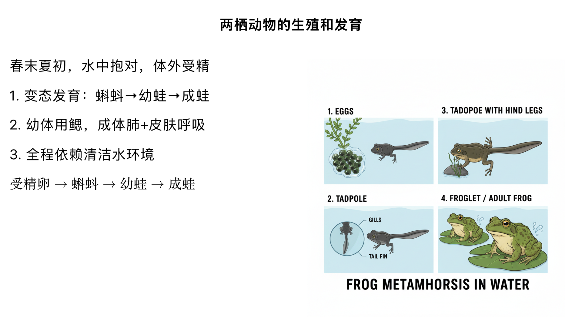 八年级生物 / 生物的生殖和发育 / 两栖动物的生殖和发育
一、核心知识点梳理（按教材逻辑层级）
（一）两栖动物的生殖特点 —— 体外受精、卵生
繁殖季节与环境：
春末夏初（温度适宜、水源充足时），常见两栖动物（青蛙、蟾蜍、大鲵）进入繁殖期，必须在水中完成生殖过程。
关键行为：抱对
雄蛙鸣叫（通过鸣囊发声）吸引雌蛙，雌雄蛙抱对（腹部紧贴）。
意义：并非交配，而是刺激雌蛙排卵、雄蛙排精，使精子和卵细胞在水中结合，提高受精率。
受精过程：
雌蛙排出卵细胞（成团状），雄蛙排出精子，精子和卵细胞在水中完成受精，形成受精卵（体外受精）。
（二）两栖动物的发育过程 —— 变态发育
以青蛙为例，发育过程需经历 4 个阶段，幼体与成体形态结构、生活习性差异显著，称为变态发育：
发育阶段	形态结构特点	呼吸器官	生活环境
受精卵	圆形、透明，附着在水草上	——（靠卵黄提供营养）	水中
蝌蚪	无四肢、有尾，身体像小鱼	鳃	水中（以藻类为食）
幼蛙	长出后肢→长出前肢，尾巴逐渐消失	鳃→肺（皮肤辅助呼吸）	水中→水陆两栖（开始捕食昆虫）
成蛙	四肢健全、无尾	肺（皮肤辅助呼吸，皮肤裸露且有黏液，能气体交换）	水陆两栖（主要在陆地活动，繁殖时回到水中）
（三）发育特点与环境依赖
核心特点：
发育全程离不开水，幼体（蝌蚪）必须在水中生活，成体虽能登陆，但生殖和幼体发育仍需水环境。
环境因素的影响：
水质：污染的水会导致受精卵死亡、蝌蚪畸形（如缺肢）。
温度：低温会延缓发育，适宜温度（20-25℃）促进发育。
天敌：蝌蚪易被鱼类、水生昆虫捕食，影响存活率。
（四）常见两栖动物对比
动物名称	生殖发育共性	特殊特征
青蛙	体外受精、变态发育，依赖水环境	雄蛙有鸣囊，蝌蚪黑色、尾长
蟾蜍	体外受精、变态发育，依赖水环境	皮肤有毒腺，蝌蚪灰色、尾较短
大鲵（娃娃鱼）	体外受精、变态发育，依赖水环境	体型最大的两栖动物，幼体发育周期长（数年），国家二级保护动物
二、重点难点突破
（一）核心概念辨析
变态发育 vs 完全变态发育
两栖动物的变态发育：无 “蛹期”，直接从蝌蚪发育为幼蛙（如青蛙：受精卵→蝌蚪→幼蛙→成蛙）。
昆虫的完全变态发育：有 “蛹期”（如蝴蝶：卵→幼虫→蛹→成虫），二者属于不同类群的发育类型，不可混淆。
体外受精的适应性：
两栖动物是从水生向陆生过渡的类群，体外受精依赖水，说明其生殖发育仍受水环境限制，是进化中尚未完全脱离水生的特征。
（二）易错点提醒
误区：“青蛙抱对是交配行为”——×（抱对是促进排卵排精，受精在水中完成）。
误区：“成蛙只靠肺呼吸”——×（成蛙肺结构简单，必须靠皮肤辅助呼吸，皮肤干燥时呼吸效率下降）。
误区：“两栖动物就是既能在水中生活又能在陆地生活的动物”——×（如乌龟、鳄鱼是爬行动物，不是两栖动物，关键看生殖发育是否依赖水）。
三、典型例题解析
例 1（选择题）
青蛙的生殖和发育过程中，下列说法正确的是（ ）A. 雄蛙鸣叫是为了求偶，抱对是交配行为B. 受精卵在陆地上发育为蝌蚪C. 蝌蚪用鳃呼吸，成蛙用肺和皮肤呼吸D. 发育过程属于完全变态发育
答案：C解析：A 项抱对不是交配，是促进排卵排精；B 项受精卵在水中发育；D 项青蛙是变态发育，无蛹期，不属于完全变态发育。
例 2（填空题）
两栖动物的生殖方式是______，发育方式是______，生殖和发育过程必须在______中进行。答案：卵生；变态发育；水
四、学习拓展与应用
实际观察：春末夏初可在池塘、稻田观察青蛙的鸣叫、抱对现象，或采集蛙卵、蝌蚪，记录其发育过程（注意保护生态环境，观察后放回自然）。
环境联系：为什么农田使用农药会导致青蛙数量减少？（提示：农药污染水质，影响蛙卵孵化和蝌蚪存活；成蛙捕食被农药污染的昆虫，积累毒素死亡）。
保护意义：两栖动物是农田害虫的天敌，对维持生态平衡有重要作用；其幼体对水质敏感，可作为 “环境监测指示动物”，保护两栖动物需先保护其栖息的水域环境。