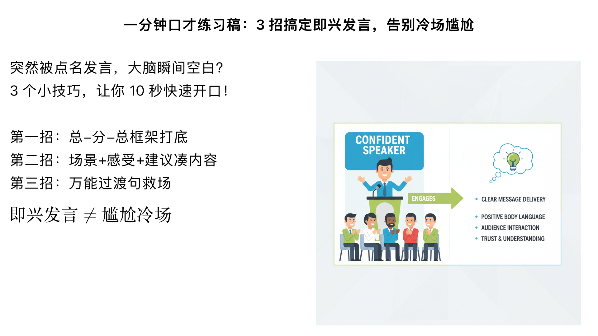 一分钟口才练习稿：3 招搞定即兴发言，告别冷场尴尬
（开头 5 秒：微笑直视镜头，语气亲切带共鸣）你有没有过这样的经历？突然被点名发言，大脑瞬间空白，话到嘴边说不连贯，只能尴尬地说 “我没什么好说的”？其实即兴发言不用慌，3 个小技巧，让你 10 秒快速开口！
（中间 45 秒：分点清晰，语速稍快但吐字清晰，配合自然手势）第一招，“总 - 分 - 总” 框架打底。先亮观点，再补理由，最后总结。比如被问 “怎么看待碎片化学习”，先答 “碎片化学习有用，但要抓重点”，再讲 “它能利用零散时间，比如通勤时背单词”，最后说 “关键是把碎片知识系统化”，逻辑立刻清晰。
第二招，用 “场景 + 感受 + 建议” 凑内容。没思路时，从身边事切入。比如被问 “如何提升沟通效率”，可以说 “上次和同事沟通失误，因为没说清截止时间（场景），导致返工很麻烦（感受），后来我学会先讲结果再讲过程（建议），效率高了很多”，真实又有说服力。
第三招，万能过渡句救场。卡壳时用 “我补充两点”“换个角度看”“结合我的经历来说”，瞬间争取思考时间，还能让发言更自然。
（结尾 10 秒：语气坚定，眼神真诚，引导互动）这 3 招简单好记，下次再遇到即兴发言，直接用上！你平时最害怕哪种发言场景？评论区告诉我，下次教你针对性技巧～ 现在试着用这 3 招，说说 “你对‘坚持’的理解”，练起来吧！
练习小贴士：
语速控制：每分钟 180-200 字，避免太快吞字、太慢拖沓
语气起伏：讲技巧时稍重音，举例子时语气柔和，结尾时坚定有力
手势配合：讲 “第一招”“第二招” 时，用手指依次点数，增强画面感
停顿设计：每个技巧结束后停顿 1 秒，结尾提问后停顿 0.5 秒，让听众有反应时间