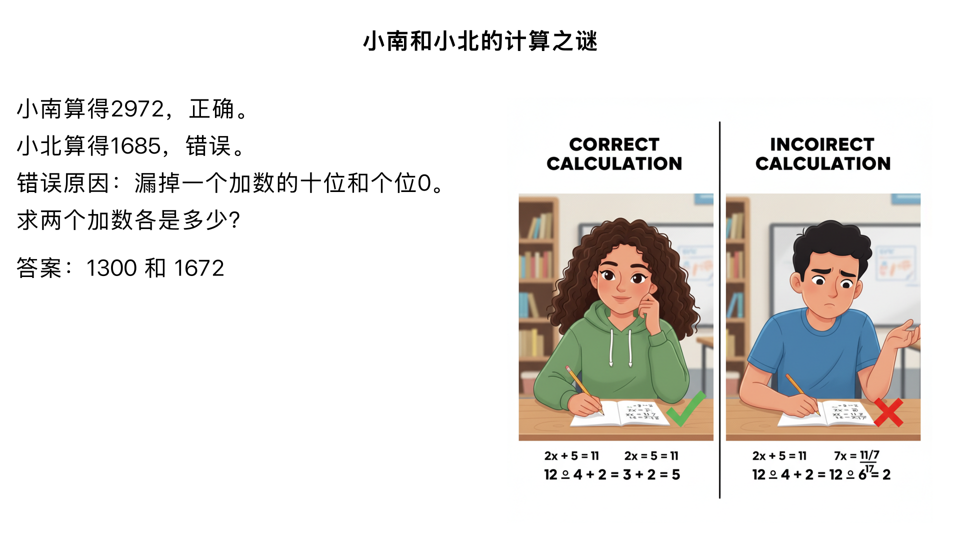 小南和小北同算两数之和,小南得2972,计算正确。小北得1685,计算错误,小北算错的原因是将其中一个加数十位和个位上的两个0漏掉了。两个加数各是多少?正确答案是两个加数分别是 1300 和 1672。
