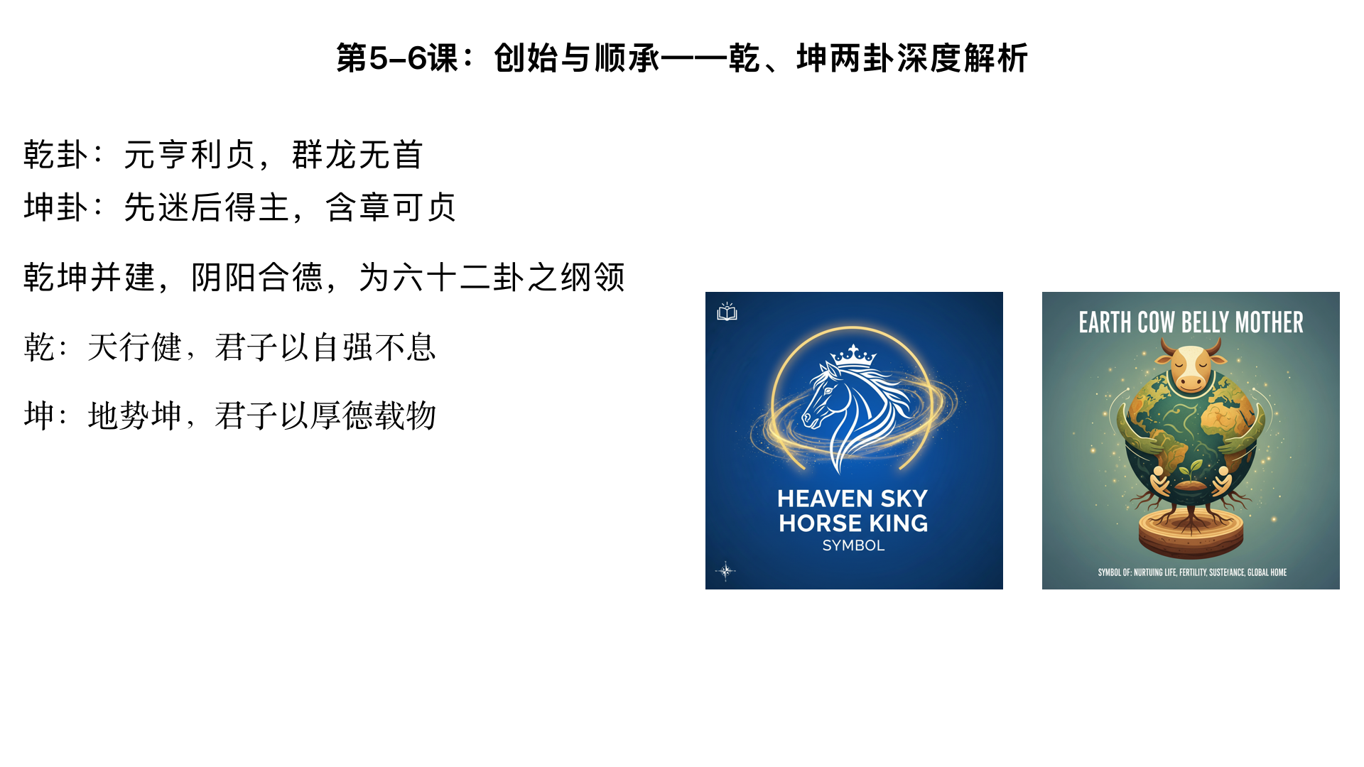 第5-6课：创始与顺承——乾、坤两卦深度解析

主要内容：

乾卦：深入讲解“元亨利贞”四德、“用九”群龙无首的深刻哲学与社会学含义。

坤卦：讲解“先迷后得主”、“含章可贞”所蕴含的顺承、包容、辅佐之道。

重点对比：乾坤并建，阴阳合德，为六十二卦之纲领。