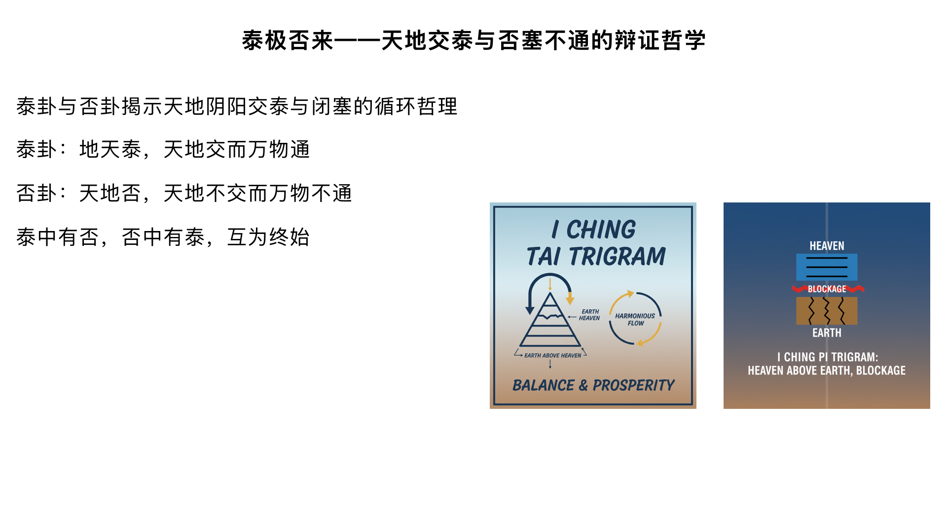 12：泰极否来——天地交泰与否塞不通的辩证哲学
一、泰卦（地天泰）深度解析
1. 卦象结构分析

上坤下乾：地在上，天在下——象征天地之气相交，万物通泰

三阴三阳平衡：阴阳各半且三爻皆应（初应四、二应五、三应上）

金景芳特别指出：此卦体现“小往大来”的流通之势

2. 《彖传》精讲

“天地交而万物通”：重点解析“交”字——阴阳二气交感流通

“上下交而其志同”：引申至君臣、社会各阶层的和谐沟通

“内阳而外阴，内健而外顺”：分析卦德的内在刚健与外在柔顺

3. 《大象传》阐发

“天地交，泰。后以财成天地之道，辅相天地之宜”

讲解“财成”（裁制成就）与“辅相”（辅助赞襄）的治国之道

联系《尚书》“正德、利用、厚生”思想

4. 关键爻辞解析

九三爻：“无平不陂，无往不复”

金景芳重点：这是泰卦的核心警句，揭示事物发展到极盛必向反面转化

结合《系辞》“危者使平，易者使倾”讲解居安思危

上六爻：“城复于隍”

分析泰极否来的必然性

讲解“其命乱也”的历史教训（可与商纣、周幽王事例结合）

二、否卦（天地否）对比分析
1. 卦象反转的哲学意义

上乾下坤：天在上，地在下——天地不交，万物不通

与泰卦构成“覆卦”（综卦）关系：体现事物正反两面

2. 《彖传》精讲

“天地不交而万物不通”：与泰卦形成鲜明对比

“内阴而外阳，内柔而外刚”：分析否塞时期的外强中干之象

3. 爻位关系精析

金景芳卦变分析重点：

否卦三阴在下，三阳在上，阴阳完全隔绝

初爻与四爻不应（阴阳皆阴），二与五不应，三与上不应

揭示人际关系、社会阶层隔绝的状态

4. 关键爻辞解析

九五爻：“其亡其亡，系于苞桑”

重点讲解：在否塞中的居安思危与转机

金景芳联系文王拘羑里而演周易的历史背景

上九爻：“倾否，先否后喜”

分析否极泰来的转化条件

讲解“倾”字的主动变革含义

三、泰否二卦的辩证关系总结
互为终始的循环：泰中有否的征兆（九三），否中有泰的转机（上九）

历史哲学的体现：结合《史记》“物盛则衰，时极而转”讲解

现实启示：盛世当思危，乱世当求通