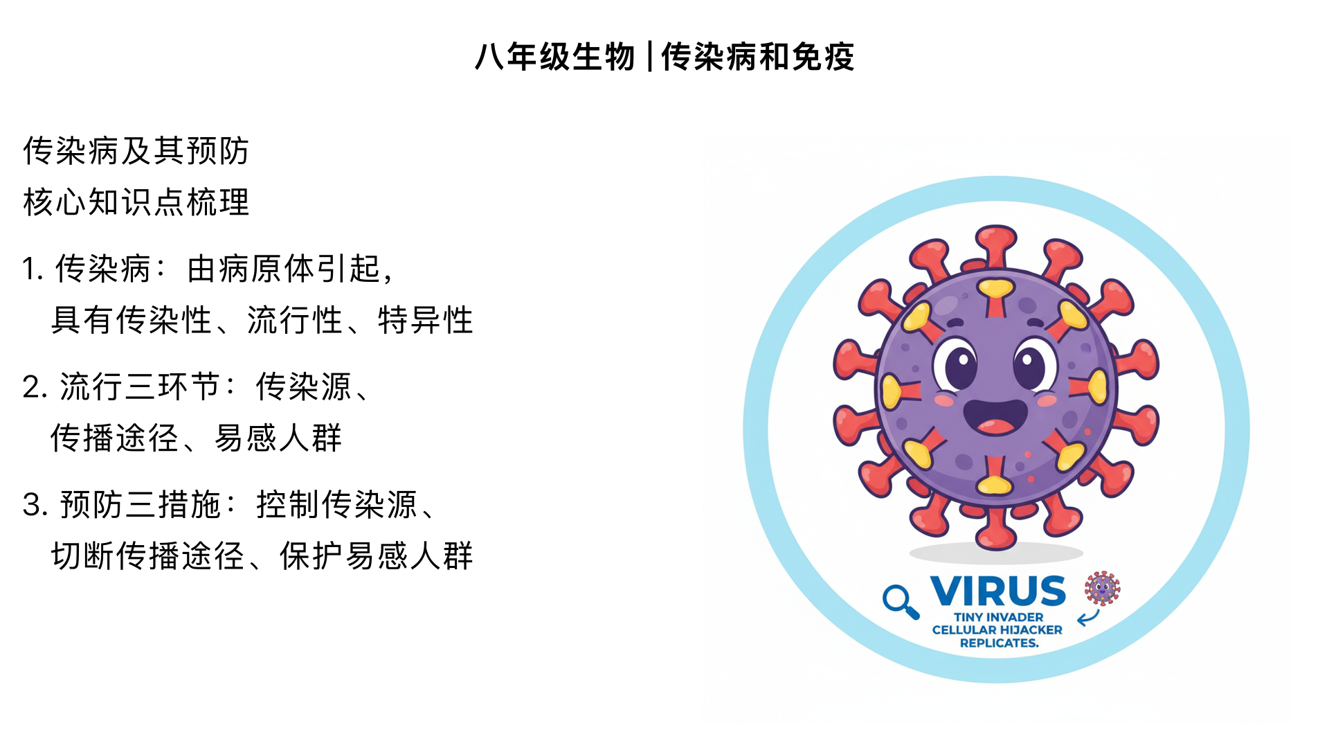 八年级生物 | 传染病和免疫 | 传染病及其预防
（严格匹配教材章节结构，含核心知识点、重点解析、易错点、应用示例，适配系统性学习 / 备课）
一、核心知识点框架（教材同步）
1. 传染病的概念与特点
定义：由病原体（细菌、病毒、真菌、寄生虫等）引起的，能在人与人之间或人与动物之间传播的疾病。
三大特点（高频考点）：
传染性（核心特征，病原体可通过一定途径扩散）
流行性（在一定区域、时间内大规模传播，如流感）
特异性（一种病原体通常只引起一种或一类疾病，如新冠病毒主要引起呼吸道疾病）
2. 传染病的流行环节（必备三要素，缺一不可）
环节	定义（教材原话精简）	实例
传染源	能够散播病原体的人或动物	新冠患者、携带流感病毒的鸟类
传播途径	病原体从传染源到达易感人群的途径	空气传播（流感）、饮食传播（伤寒）、接触传播（手足口病）、血液传播（乙肝）、生物媒介传播（疟疾，蚊虫叮咬）
易感人群	对某种传染病缺乏免疫力而容易感染的人群	未接种麻疹疫苗的儿童、老年人
3. 传染病的预防措施（对应流行环节，教材重点）
控制传染源（针对 “传染源” 采取）：
核心逻辑：早发现、早隔离、早治疗，阻止病原体散播
实例：隔离新冠患者、捕杀患病动物、对疑似病例进行医学观察
切断传播途径（针对 “传播途径” 采取，最常用且重要）：
核心逻辑：破坏病原体传播的 “中间通道”
实例：
卫生消毒（勤洗手、消毒环境，针对接触 / 空气传播）
戴口罩（阻断呼吸道传播）
不喝生水、不吃变质食物（阻断饮食传播）
灭蚊灭蝇（阻断生物媒介传播）
保护易感人群（针对 “易感人群” 采取）：
核心逻辑：提高人群免疫力，降低感染概率
实例：接种疫苗（最有效，如新冠疫苗、乙肝疫苗）、加强锻炼增强体质、避免接触传染源
4. 常见传染病分类（教材拓展，便于理解）
类别	病原体类型	常见疾病	主要传播途径
呼吸道传染病	病毒、细菌	流感、麻疹、肺结核	空气、飞沫传播
消化道传染病	细菌、病毒	伤寒、细菌性痢疾、手足口病	饮食、水源传播
血液传染病	病毒、寄生虫	乙肝、艾滋病、疟疾	血液、生物媒介传播
体表传染病	真菌、细菌	足癣（脚气）、沙眼	接触传播
二、重点难点解析（突破学习瓶颈）
1. 易混淆概念区分（高频易错点）
「病原体 vs 传染源」：
病原体：“致病的生物”（如新冠病毒、结核杆菌），是疾病的 “元凶”；
传染源：“携带元凶的人 / 动物”（如新冠患者），是病原体的 “传播载体”。
「传染病 vs 非传染病」：
传染病：由病原体引起，能传播（如感冒）；
非传染病：无病原体，不传播（如高血压、糖尿病，由遗传 / 生活习惯引起）。
2. 核心逻辑链（帮助记忆）
病原体存在 → 通过传播途径 → 从传染源到易感人群 → 引发传染病预防措施反向对应：控制传染源（管住 “载体”）+ 切断传播途径（断 “通道”）+ 保护易感人群（增强 “抵抗力”）= 阻止传染病流行
三、教材同步应用示例（衔接课堂练习）
例题 1（基础题，匹配课后习题）
下列措施中，属于切断传播途径的是（ ）A. 隔离新冠确诊患者 B. 接种流感疫苗 C. 勤洗手、戴口罩 D. 加强体育锻炼答案：C解析：A 是控制传染源，B、D 是保护易感人群，C 通过清洁和防护破坏传播途径。
例题 2（应用题，结合生活场景）
分析 “新冠疫情防控” 中的预防措施对应的流行环节：
对密接者进行 14 天隔离 → 控制传染源
公共场所定期消毒、要求戴口罩 → 切断传播途径
全民接种新冠疫苗 → 保护易感人群
四、学习 / 备课建议（适配不同需求）
1. 学生学习：
先记 “流行三环节” 和 “预防三措施” 的对应关系（如 “传染源→控制”“传播途径→切断”），再结合实例理解；
用表格对比易混淆概念（如病原体 / 传染源、不同传播途径的疾病），避免记错；
结合生活实例（如流感、手足口病），自己分析其流行环节和预防措施，巩固知识点。
2. 家长 / 教师辅导：
用 “疫情防控”“流感预防” 等真实场景提问，引导孩子运用知识点分析（如 “为什么戴口罩能预防新冠？”→ 切断传播途径）；
制作简单思维导图（流行环节→预防措施），帮助孩子建立知识框架；
重点强调 “接种疫苗是保护易感人群的最有效措施”“切断传播途径是日常最常用的措施” 等高频考点。