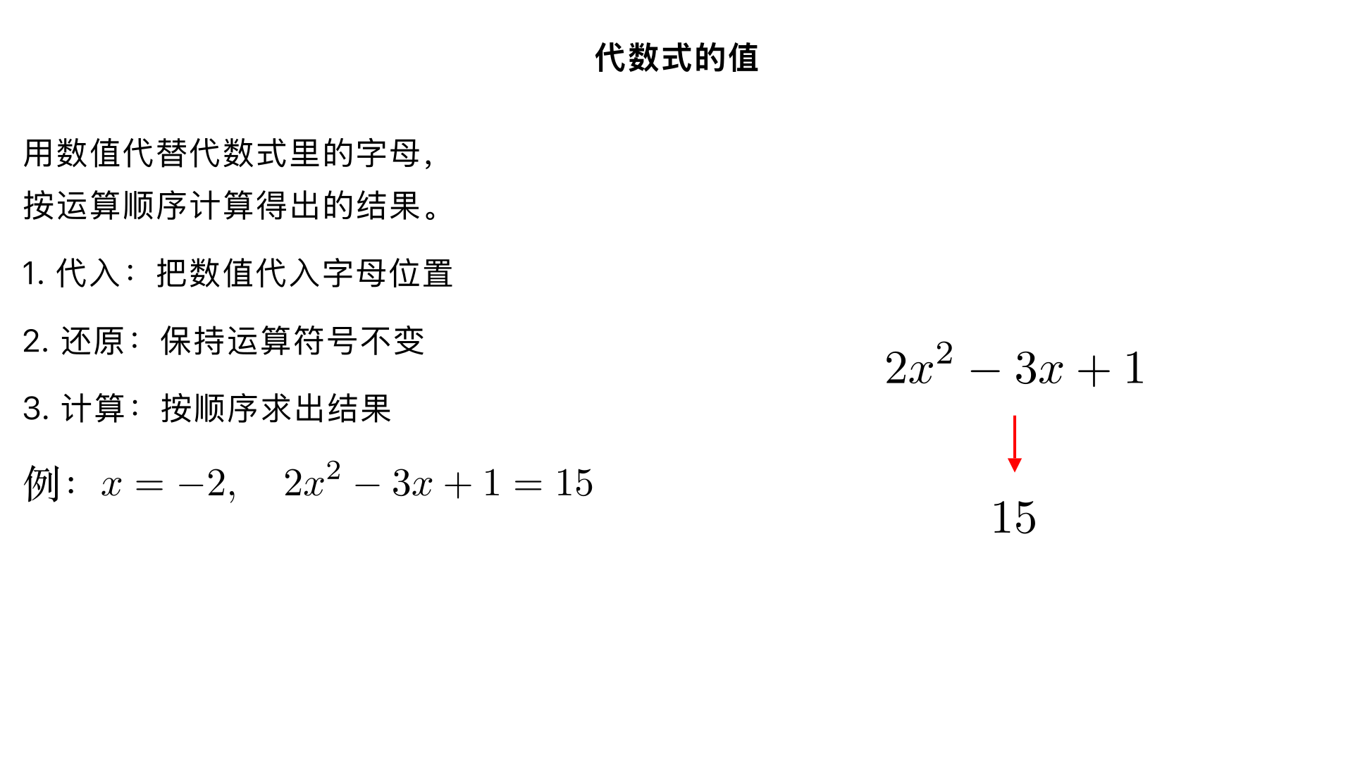 七年级数学 / 代数式 / 代数式的值
一、核心概念（教材同步定义）
代数式的值：用数值代替代数式里的字母，按照代数式中指定的运算顺序计算得出的结果，叫做代数式的值。
关键说明：
代数式是 “含有字母的式子”（如 
3x+2
、
2
a−b
​
 
、
5y 
2
 
 等），本身不含等号；
代数式的值是 “具体的数值”，依赖于字母的取值（字母取不同值，代数式的值可能不同）；
字母的取值需满足两个条件：① 使代数式有意义（如分母不能为 0、开平方的数非负）；② 符合实际问题的意义（如人数、长度不能为负数）。
二、求代数式的值的步骤（规范流程）
四步走法则：
代入：把字母所取的数值代入代数式中对应的字母位置（注意：代入时需加括号，尤其是当数值为负数、分数或含运算符号时）；
还原：还原代数式中原来的运算符号（如加减乘除、乘方等）；
计算：按照有理数的运算顺序（先乘方，再乘除，最后加减；有括号先算括号里的）进行计算；
结果：得出代数式的值（注意单位统一，若为实际问题需标注单位）。
示例：求代数式 
2x 
2
 −3x+1
 在 
x=−2
 时的值
解：
代入：将 
x=−2
 代入代数式，得 
2(−2) 
2
 −3(−2)+1
；
还原：运算符号不变，保持式子结构；
计算：先算乘方 
(−2) 
2
 =4
，再算乘法 
2×4=8
、
−3×(−2)=6
，最后算加减 
8+6+1=15
；
结果：当 
x=−2
 时，代数式 
2x 
2
 −3x+1
 的值为 
15
。
三、典型例题（分层设计）
类型 1：基础直接代入（单个字母）
例 1：当 
a=5
 时，求代数式 
3a−7
 的值。解：代入 
a=5
，得 
3×5−7=15−7=8
。
类型 2：含多个字母的代入（需注意对应关系）
例 2：当 
m=2
，
n=−1
 时，求代数式 
m−n
m+2n
​
 
 的值。解：代入得 
2−(−1)
2+2×(−1)
​
 = 
3
2−2
​
 = 
3
0
​
 =0
。（注意：分母 
m−n=2−(−1)=3

=0
，代数式有意义）
类型 3：含乘方、括号的复杂代入
例 3：当 
x= 
2
1
​
 
 时，求代数式 
4(x 
2
 −2x)+3
 的值。解：代入得 
4[( 
2
1
​
 ) 
2
 −2× 
2
1
​
 ]+3
= 
4( 
4
1
​
 −1)+3
= 
4×(− 
4
3
​
 )+3
= 
−3+3=0
。
类型 4：实际问题中的代数式求值
例 4：某商品的进价为每件 
a
 元，售价为每件 
b
 元，若卖出 
n
 件商品，利润为 
n(b−a)
 元（利润 = 每件利润 × 销售量）。若 
a=80
，
b=120
，
n=50
，求该商品的总利润。解：代入得 
50×(120−80)=50×40=2000
（元）。答：总利润为 2000 元。
四、易错点提醒（避坑指南）
代入时未加括号：当字母取值为负数、分数时，未加括号导致运算错误（如 
x=−3
 代入 
x 
2
 
，若写成 
−3 
2
 =−9
 错误，正确为 
(−3) 
2
 =9
）；
忽略代数式有意义的条件：如求 
x−2
1
​
 
 的值时，
x
 不能取 2（分母为 0 无意义）；
运算顺序错误：先算乘方，再算乘除，最后算加减，有括号先算括号内（如 
2x+3
 当 
x=4
 时，不能写成 
2×(4+3)=14
，正确为 
2×4+3=11
）；
单位遗漏：实际问题中，代数式的值需标注单位（如长度单位 cm、金额单位元）。
五、分层练习题（巩固提升）
基础题（必做）
当 
x=3
 时，求 
5x−2
 的值；
当 
a=−2
，
b=4
 时，求 
3a+2b
 的值；
当 
y= 
3
1
​
 
 时，求 
9y 
2
 +3y
 的值。
提升题（选做）
当 
m=5
 时，求 
m+1
2m−6
​
 
 的值；
已知代数式 
2x 
2
 +3x−1
，当 
x=1
 时的值为 
A
，当 
x=−1
 时的值为 
B
，求 
A+B
 的值；
一个长方形的长为 
2x+3
，宽为 
x−1
，求当 
x=4
 时，长方形的周长（周长公式：
长
宽
）。
拓展题（挑战）
若代数式 
ax+b
 当 
x=1
 时的值为 5，当 
x=−1
 时的值为 3，求 
a
 和 
b
 的值；
某出租车的收费标准为：起步价 8 元（3 千米内），超过 3 千米后，每千米收费 2 元（不足 1 千米按 1 千米算）。若行驶路程为 
x
 千米（
x>3
 且为整数），则收费为 
8+2(x−3)
 元。当 
x=7
 时，求应付车费。
六、短视频呈现建议（结合口才练习）
若需将该知识点转化为短视频内容，可参考以下结构（时长 1-3 分钟）：
1. 标题（吸睛）：
《1 分钟学会代数式求值！七年级数学必考点》
《代数式的值怎么求？四步走教你不踩坑》
2. 内容框架：
开头（10 秒）：直接点题 “今天教大家七年级数学的核心考点 —— 代数式的值，掌握这四步，做题不丢分！”；
中间（1-2 分钟）：① 用通俗语言解释概念（“代数式就像一个‘运算模板’，代入字母的数值就能算出结果”）；② 结合 1 道基础例题，边讲步骤边板书（代入→还原→计算→结果）；③ 强调 1 个易错点（如 “代入负数要加括号”）；
结尾（10 秒）：留 1 道基础题互动 “评论区告诉我，当 x=2 时，3x+5 的值是多少？下期公布答案！”。
3. 呈现技巧：
用彩色粉笔或白板笔区分字母、数值和运算符号；
代入步骤时，用手势指向代入的位置，强化视觉记忆；
语言简洁，每一步操作配合口语化讲解（如 “代入 x=-2，注意这里要加括号，因为是负数哦！”）。
答案提示
基础题
13；2. 2；3. 2。
提升题
1；2. 0；3. 22。
拓展题
a=1
，
b=4
；2. 16 元。