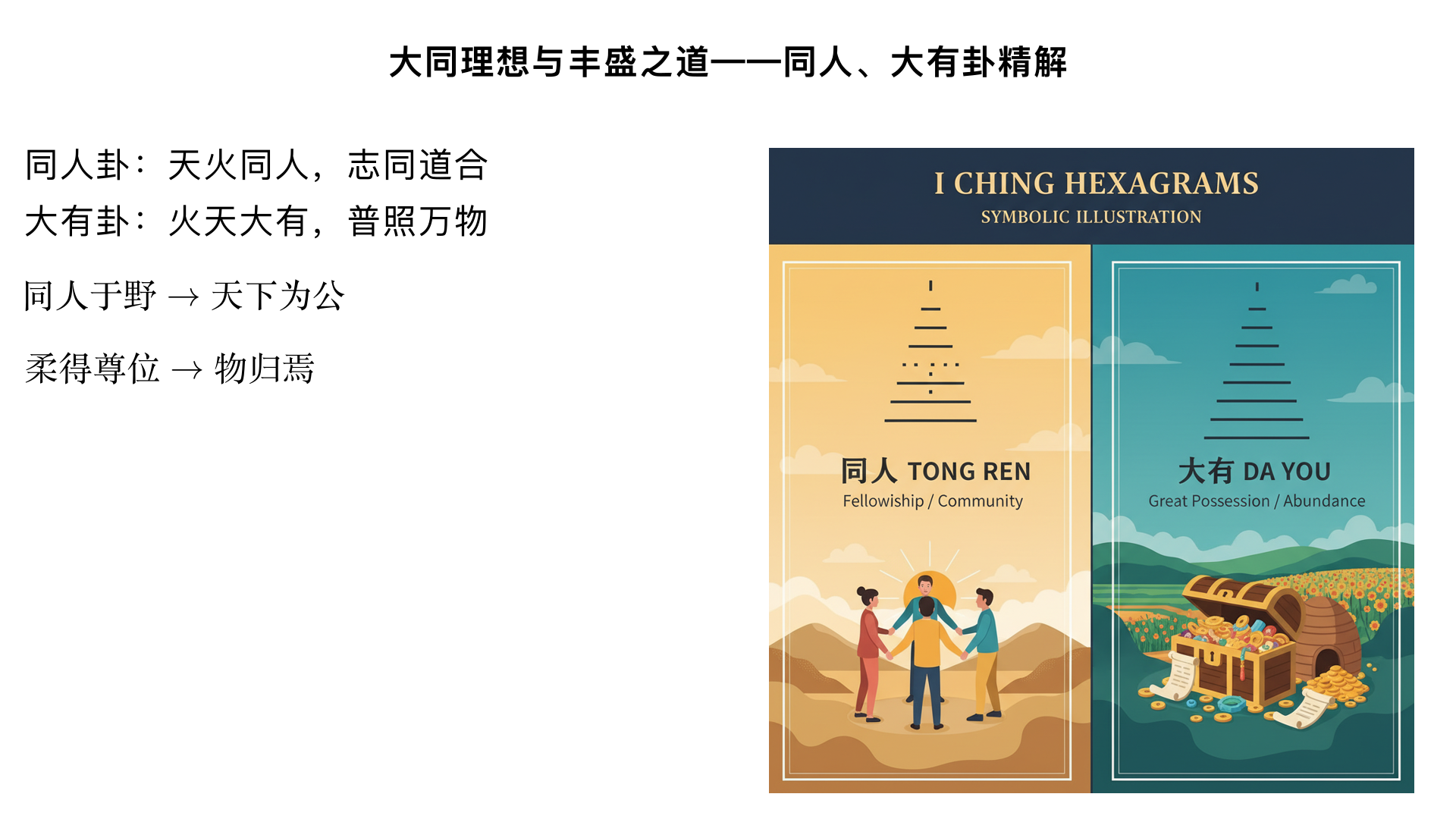 大同理想与丰盛之道——同人、大有卦精解 一、同人卦（天火同人） 1. 卦象新解 上乾下离：天在上，火炎上——二者同性相求，象征志同道合 金景芳特别关注：六二爻为全卦唯一阴爻，居下卦中位，为“同人”的核心 2. 《彖传》深度阐释 “柔得位得中而应乎乾”：分析六二与九五的君臣正应 “同人于野，亨”：重点讲解“野”的象征意义 超越宗族、地域的广阔胸怀（对比“同人于门”、“于宗”的局限） 体现儒家“天下为公”的大同理想 3. 《大象传》引申 “天与火，同人。君子以类族辨物” “类族”：归纳同类的包容精神 “辨物”：辨别差异的理性态度 二者辩证统一：和而不同的真谛 4. 爻辞阶梯分析 初九：“同人于门”：走出家门，开始交往 六二：“同人于宗”：局限在宗族内，有“吝” 九三、九四：讲述争同、不获同的挫折 九五：“同人先号咷而后笑”：重点讲解 金景芳引用《系辞》“二人同心，其利断金”详解 分析真正的同心需要经历考验 上九：“同人于郊”：虽未达“野”的境界，但已超越宗族 二、大有卦（火天大有） 1. 卦象与同人的关联 上离下乾：火在天上，普照万物——同人之后必有大收获 与同人互为“覆卦”：体现“与人同者，物必归焉”的逻辑 2. 《彖传》精讲 “柔得尊位大中而上下应之”：指六五爻柔居尊位，得上下五阳相应 “其德刚健而文明”：乾德刚健，离德文明 “应乎天而时行”：强调顺应天道、把握时机 3. 爻位关系精析 金景芳重点分析：六五爻的独特地位 阴爻居阳位：柔中带刚的领导艺术 一阴统御五阳：以柔克刚、以德服众的智慧 4. 关键爻辞解析 九二爻：“大车以载”：象征资源丰盛，中道而行 九四爻：“匪其彭”：讲解不过分炫耀的智慧 六五爻：“厥孚交如，威如”：重点中的重点 “厥孚”：以诚信待人 “威如”：自然形成的威严 金景芳联系《论语》“为政以德，譬如北辰”讲解 三、同人与大有的现实意义 从“同人”到“大有”的成功路径：先得人心，后得天下 领导者的双重修养：同人卦的包容胸怀 + 大有卦的持盈保泰 《礼记·礼运》大同理想的易学根基