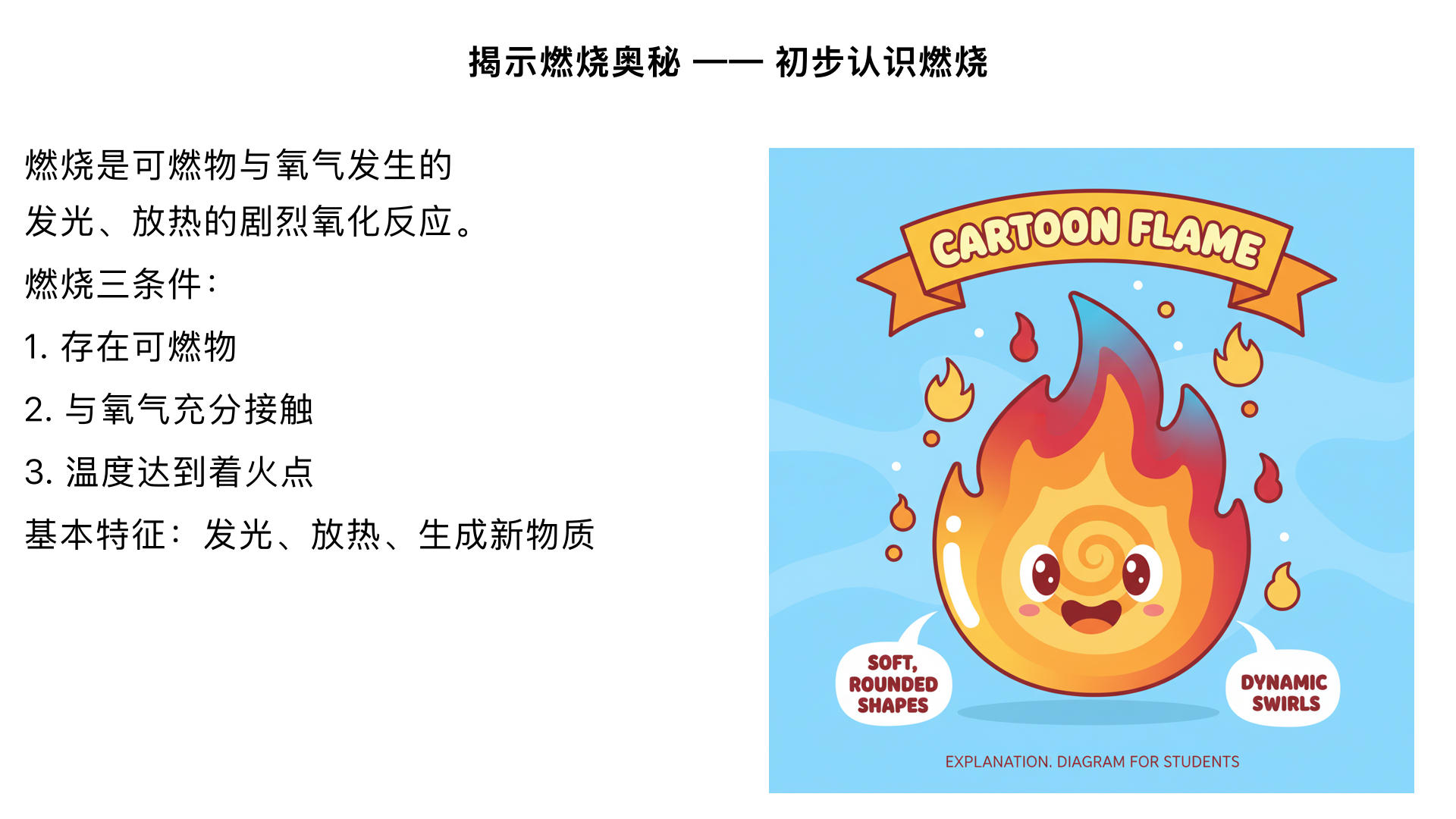 九年级化学 揭示燃烧奥秘 —— 初步认识燃烧
本小节是 “燃烧与灭火” 知识模块的基础，核心是理解燃烧的本质、条件及基本特征，为后续学习灭火原理和燃料利用奠定基础。
一、燃烧的定义
燃烧是可燃物与氧气发生的一种发光、放热的剧烈的氧化反应。
关键词解读：
反应物：必须有可燃物和氧气（或空气，氧气是核心助燃物）；
现象：伴随发光、放热（二者缺一不可，如灯泡发光放热但无氧化反应，不属于燃烧）；
本质：属于氧化反应，但比缓慢氧化（如铁生锈、食物腐烂）更剧烈。
二、燃烧的三个条件（缺一不可）
通过经典的 “白磷与红磷燃烧对比实验” 可验证燃烧的条件，实验装置及现象如下：
实验对象	实验环境	实验现象	结论
铜片上的红磷	室温、接触空气	不燃烧	温度未达到红磷的着火点（红磷着火点约 240℃）
铜片上的白磷	室温、接触空气	燃烧	白磷是可燃物、接触氧气、温度达到其着火点（白磷着火点约 40℃）
热水中的白磷	热水中、隔绝空气	不燃烧	未接触氧气
热水中的白磷（通入氧气）	热水中、接触氧气	燃烧	满足可燃物、接触氧气、温度达着火点三个条件
由此总结燃烧的三个必要条件：
存在可燃物：能与氧气发生燃烧反应的物质，如木材、汽油、纸张、甲烷等（注意：不是所有物质都能燃烧，如石头、玻璃、水等不可燃）；
与氧气（或空气）充分接触：氧气是多数燃烧的助燃物，隔绝氧气可阻止燃烧；
温度达到可燃物的着火点：着火点是可燃物燃烧所需的最低温度，是物质的固有属性，不能被降低（如用扇子扇煤炉，是通过空气流动提供更多氧气，而非降低煤的着火点）。
三、燃烧的基本特征
发光放热：这是燃烧最直观的现象，如蜡烛燃烧发光、木炭燃烧放热；
剧烈反应：反应速率快，区别于缓慢氧化；
生成新物质：属于化学变化，如木炭燃烧生成 CO₂、氢气燃烧生成 H₂O。
四、燃烧的利与弊
有利方面：
提供热能（如取暖、做饭）和光能（如蜡烛照明）；
工业生产中提供动力（如内燃机燃烧燃料驱动机械）；
用于金属冶炼（如焦炭燃烧还原铁矿石）。
有害方面：
失控的燃烧会引发火灾，造成财产损失和人员伤亡；
部分燃料燃烧会产生有害气体（如煤燃烧生成 SO₂、CO 等），污染空气。
五、易错点辨析
误区：“只要有氧气，物质就能燃烧”→ 纠正：还需是可燃物且温度达着火点；
误区：“降低着火点可灭火”→ 纠正：着火点是物质固有属性，灭火是降低温度至着火点以下，而非改变着火点。