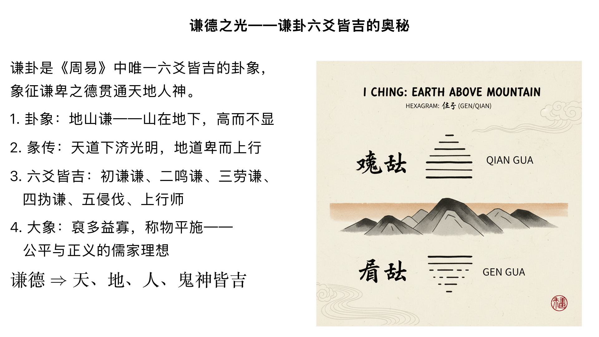 主题17：谦德之光——谦卦六爻皆吉的奥秘
一、谦卦（地山谦）的独特性
1. 卦象的深刻象征

上坤下艮：地在上，山在下——山本高耸却居于地下

金景芳指出：这是《周易》中唯一六爻皆吉的卦，深究其因

2. 《彖传》逐句精解

“天道下济而光明”：天之道向下施予而显光明

“地道卑而上行”：地之道卑下而向上运行

“天道亏盈而益谦”：自然规律是减损盈满、增益谦虚

“地道变盈而流谦”：大地的规律是改变盈满、流向低洼

“鬼神害盈而福谦”：鬼神也会损害盈满、赐福谦虚

“人道恶盈而好谦”：人的本性厌恶骄傲、喜好谦虚

金景芳总结：谦德符合天、地、人、鬼神的普遍法则

二、六爻全吉的层次分析
1. 初六爻：“谦谦君子”

处最下位而谦：君子之基

金景芳引《象传》“卑以自牧”：以谦卑态度自我修养

2. 六二爻：“鸣谦”

居中得正，谦德外显而有声名

分析“中心得也”：发自内心的真诚

3. 九三爻：“劳谦君子”

全卦主爻：唯一阳爻居下卦之顶，有功而谦

《系辞》特别赞誉：“劳而不伐，有功而不德”

金景芳联系周公“一沐三捉发，一饭三吐哺”的劳谦精神

4. 六四爻：“㧑谦”

“㧑”（挥）：发挥谦德，无所不利

分析近君之位更需谦德

5. 六五爻：“不富以其邻，利用侵伐”

重点讲解：谦德并非懦弱

当正义不张时，以谦德为号召进行征伐（如武王伐纣）

6. 上六爻：“鸣谦，利用行师”

谦德广闻，可用兵征不服

金景芳强调：谦的最终目的是“平天下”，必要时用武力

三、《大象传》的现实转化
“地中有山，谦。君子以裒多益寡，称物平施”

裒多益寡：取有余补不足——经济公平

称物平施：衡量事物公平施予——社会正义

从个人修养到社会制度的完整谦德体系

四、谦卦的哲学深度
儒家道德形上学在《易》中的集中体现

与老子“柔弱胜刚强”的区别：儒家之谦是阳刚中的柔德

为何六爻皆吉：谦德使人始终处于“未满”状态，永远有进步空间