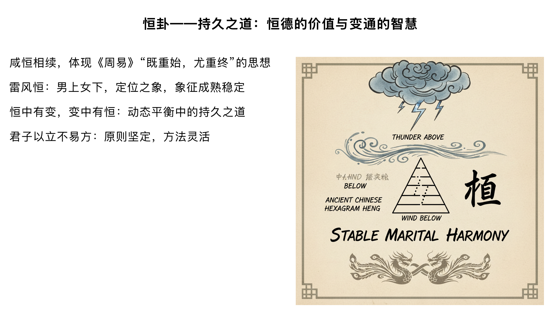 恒卦——持久之道：恒德的价值与变通的智慧
一、咸恒相续的逻辑
1. 序卦链条：“夫妇之道不可以不久也，故受之以恒”

咸：感而相合（婚姻的开始）

恒：久而不易（婚姻的维系）

金景芳指出：这体现《周易》“既重始，尤重终”的思想

2. 卦象反转的深意

咸卦（泽山咸）：女上男下，求感之象

恒卦（雷风恒）：男上女下，定位之象

反映古代家庭伦理的稳定结构

二、恒卦（雷风恒）卦象的多重象征
1. 基本卦象

上震（雷）下巽（风）：雷风相薄，相助而久

金景芳分析：

震为长男，巽为长女：男女正位（与咸卦少男少女对比，成熟稳定）

震为动，巽为顺：顺而动，动而顺，持久之道

雷风皆属木，同性相协

2. 与咸卦的阴阳对比

text
咸卦：兑(阴)上艮(阳)下 → 女上男下 → 求合之象
恒卦：震(阳)上巽(阴)下 → 男上女下 → 定位之象
体现“始合”与“久成”的不同阶段要求

三、彖传精解：恒之三义
1. “恒，久也”

直接定义，简单明确

2. “刚上而柔下，雷风相与，巽而动，刚柔皆应，恒”

卦象结构分析：

“刚上柔下”：震刚在上，巽柔在下（正位）

“雷风相与”：雷风相助不相悖（关系和谐）

“巽而动”：顺而后动（方法得当）

“刚柔皆应”：初与四、二与五、三与上皆阴阳正应（爻位完美）

金景芳强调：恒卦具备所有理想条件，故能恒久

3. “恒，亨，无咎，利贞，久于其道也”

解释卦辞“亨，无咎，利贞，利有攸往”

重点“久于其道”：

不是僵化不变，而是持久地遵循正道

“道”：天地人伦的常理

4. “天地之道，恒久而不已也”

以天道证人道：日月运行、四季更替，恒久而生生不息

金景芳哲学阐发：

恒中有变（日月运行但每日位置不同）

变中有恒（规律不变）

对比《系辞》“易穷则变，变则通，通则久”

5. “利有攸往，终则有始也”

解释为何能“利有攸往”（利于前往）

关键思想：恒久不是静止，是动态平衡

“终则有始”：旧过程结束，新过程开始（如冬去春来）

循环往复中的永恒

6. “日月得天而能久照，四时变化而能久成，圣人久于其道而天下化成”

三重论证：

日月：得天之体而久照

四时：变化之序而久成

圣人：守道不移而天下化

金景芳升华：将物理之恒、时序之恒、人文之恒统一

7. “观其所恒，而天地万物之情可见矣”

与咸卦彖传“观其所感...”形成对仗

总结：通过观察恒久现象，认识万物本质

四、大象传的现实转化
“雷风，恒。君子以立不易方”

1. “立不易方”详解

“立”：立身、立志、立道

“不易方”：不改变原则、方向

金景芳阐发：

《论语》“三十而立”之“立”

《中庸》“中立而不倚”

君子之恒：原则坚定，方法灵活（与“不易方”相对的是“权变”）

2. 历史例证：伯夷叔齐“不食周粟”（立不易方的极端体现）

五、爻辞精析：恒久的不同境遇
恒卦的特殊性：卦辞极吉（亨、无咎、利贞、利有攸往），但爻辞多不吉，揭示“恒”之难

1. 初六：浚恒，贞凶，无攸利

“浚”：深挖，引申为过分追求

“浚恒”：急于求恒，反而不得

爻象分析：初六阴居阳位，不当位；上应九四，但处巽下（过柔）

金景芳警示：恒道贵自然渐进，不可强求速成

2. 九二：悔亡

简短二字，意味深长

爻位精析：九二阳居阴位，本不当位应有悔，但因：

居下卦之中（得中）

与六五正应（得君）

处巽体（能顺）

故“悔亡”（悔恨消失）

3. 九三：不恒其德，或承之羞，贞吝

全卦关键警示句

“不恒其德”：不能持久保持美德

“或承之羞”：或许要蒙受羞辱

金景芳重点阐发：

引孔子语：“南人有言曰：‘人而无恒，不可以作巫医。’善夫！”（《论语·子路》）

德不恒则无所成

九三阳居阳位，过刚不中，处下卦顶，躁进易变

4. 九四：田无禽

田猎无获

象征：居非其位，劳而无功

爻位分析：九四阳居阴位，不当位；处震初，虽动而无应

5. 六五：恒其德，贞。妇人吉，夫子凶

最具争议的爻辞

“恒其德”：持久保持柔顺之德

“妇人吉”：对妻子吉（因合柔道）

“夫子凶”：对丈夫凶（因夫子当刚断）

金景芳历史解释：

非性别歧视，而是角色分工

六五阴居尊位，如女主当朝（吕后、武则天），需刚而用柔

夫子（男性）在此位若一味柔顺则凶

6. 上六：振恒，凶

“振”：动荡、摇动

“振恒”：动摇恒道

爻位分析：上六处卦终，震极，动荡不安

象征：久极生变，变而失恒

六、恒卦的辩证思维
1. “恒”与“变”的统一

卦象：雷动风行，本质是变，却能恒久

彖传：“四时变化而能久成”

金景芳总结：真正的恒是“动态平衡”，不是死守不变

2. “恒德”的具体性

初六：不可“浚恒”（强求）

九三：最忌“不恒其德”

六五：“恒德”因位而异

上六：警惕“振恒”（动摇）

3. 与咸卦的呼应

咸卦：感而能通，重在心诚

恒卦：恒而能久，重在守道

共同构成人际关系的完整哲学

七、历史与现实应用
1. 政治领域：

政策需稳定性（恒），但需适时调整（变）

商鞅变法“徙木立信”建立“恒信”

2. 个人修养：

立志需恒（“立不易方”）

但方法需灵活（避免“浚恒”）

3. 金景芳联系儒家经典：

《中庸》：“故至诚无息...不息则久”

《孟子》：“虽有智慧，不如乘势；虽有镃基，不如待时” → 恒需待时

八、本课（21-22课）总论：咸恒之道与人伦基石
1. 作为下经纲领的意义

咸：始—感通—仁（亲亲）

恒：终—持久—义（尊尊）

奠定儒家伦理的“仁-义”结构基础

2. 哲学提升

从男女之感→天地之感（宇宙论）

从夫妇之恒→圣人之道（政治哲学）

体现《周易》“近取诸身，远取诸物”的思维方法

3. 学习要点

背诵咸恒二卦彖传全文，理解对应关系

掌握咸卦爻辞的身体隐喻系统

理解“恒”的辩证法：恒中有变，变中求恒

思考：现代社会如何实践“虚受人”与“立不易方”？

4. 延伸阅读建议

对照阅读《中庸》“致中和”与咸卦感通思想

对照阅读《孟子》“恒产恒心”论与恒卦思想

研究《诗经》婚恋诗与咸卦的印证关系

通过这两课的深入学习，您将把握《周易》下经的人伦起点，理解儒家“修身齐家”的易学根基，为后续学习家人、睽、损、益等社会人伦卦奠定坚实基础。金景芳先生对咸恒二卦的解读，展现了义理派易学由微观到宏观、由具体到抽象的哲学功力。