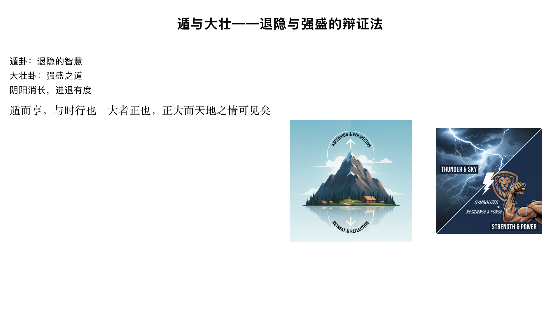 遁与大壮——退隐与强盛的辩证法
一、遁卦（天山遁）——退隐的智慧
1. 卦序的承继

上一卦恒卦（雷风恒）讲恒久之道，但恒久并非永恒不变，物极必反，故继之以遁卦，表示退避。

《序卦传》：“恒者，久也。物不可以久居其所，故受之以遁。遁者，退也。”

2. 卦象解析

上乾（天）下艮（山）：天下有山，山高而天退，象征退避。

金景芳分析：乾为刚健，艮为止，刚健而止，不轻进，有退避之象。

四阳二阴：阴气渐长，阳气渐消，象征小人道长，君子道消之时。

3. 《彖传》精讲

“遁，亨，遁而亨也。刚当位而应，与时行也。”

“遁而亨”：退避而后能亨通。强调主动退避以保身、待时。

“刚当位而应”：指九五阳刚当位，与六二相应，象征君子虽处退时，但守正应时。

“与时行也”：根据时势行动，时当退则退。

“小利贞，浸而长也。”

阴气逐渐增长（浸而长），故只宜小利贞，不宜大有作为。

金景芳强调：遁卦并非消极逃避，而是“与时行”的积极智慧，如孔子所言“用之则行，舍之则藏”。

4. 《大象传》阐发

“天下有山，遁。君子以远小人，不恶而严。”

“远小人”：远离小人，但非憎恶之极，而是保持距离。

“不恶而严”：不显露憎恶之情，但保持威严，界限分明。

金景芳联系历史：如柳下惠“直道而事人”，不因小人而改变原则，但也不激烈对抗。

5. 爻辞精析
遁卦爻辞体现了不同境遇下的退避策略。

初六：遁尾，厉，勿用有攸往。

“遁尾”：退避时落在最后，危险。

象征：退避不及时，陷入被动。

爻象：初六阴爻在遁卦之初，阴气未盛，本当早退，却迟疑落尾。

六二：执之用黄牛之革，莫之胜说。

“执之”：固结、牵制。

“黄牛之革”：黄色中色，牛革坚韧，喻以中正坚固之志固守不退。

爻象：六二柔中得正，与九五相应，在遁之时，因有应于君，不必急退，可坚守岗位。

九三：系遁，有疾厉，畜臣妾吉。

“系遁”：心有系恋，不能退避。

“有疾厉”：有疾病危险。

“畜臣妾吉”：若像管理臣妾小事那样，则吉（意为若退避不决，则只宜料理小事）。

金景芳分析：九三阳爻居刚位，与上九无应，且紧邻六二（阴爻），有被牵系之象。

九四：好遁，君子吉，小人否。

“好遁”：喜好退避（或时机好而退）。

君子能超然退避，故吉；小人恋栈，故否。

爻象：九四阳居阴位，刚而能柔，与初六相应却能舍之而退，故为“好遁”。

九五：嘉遁，贞吉。

“嘉遁”：美好的退避。

爻象：九五刚中居尊，与六二相应，却能适时退避，为退避之楷模。

金景芳举例：尧舜禅让，功成身退。

上九：肥遁，无不利。

“肥遁”：高飞远遁，无所不利。

爻象：上九处遁之极，远离阴爻，无牵无挂，故能洒脱退避。

6. 遁卦总结
遁卦教导我们在小人道长、形势不利时，应果断退避，但退避有智慧：及时（避免遁尾）、坚定（如黄牛之革）、洒脱（好遁、嘉遁、肥遁）。金景芳强调，遁卦是“君子以俭德辟难”，与道家隐退不同，儒家退避是为了守道待时。

二、大壮卦（雷天大壮）——强盛之道
1. 卦序的递进

遁卦是退避，但退避不是永远，物极必反，阳气复盛，故继之大壮卦。

《序卦传》：“遁者退也。物不可以终遁，故受之以大壮。”

2. 卦象解析

上震（雷）下乾（天）：雷在天上，声势浩大，强壮之象。

四阳二阴：阳爻过半，阳气强盛，故称“大壮”。

金景芳分析：大壮并非仅指力量强大，更指“刚以动”，即刚健而能行动，但需守礼（非礼弗履）。

3. 《彖传》精讲

“大壮，大者壮也。刚以动，故壮。”

解释卦名：阳为大，阳爻过半故壮。

“刚以动”：下乾刚健，上震行动，刚健而行动，所以强壮。

“大壮利贞，大者正也。正大而天地之情可见矣。”

大壮利于守正，因为强大者必须正（否则恃强凌弱）。

“正大”即正义而强大，由此可见天地之情（天理）。

金景芳阐发：儒家主张“以德服人”，反对“以力服人”，大壮必须配以正道。

4. 《大象传》阐发

“雷在天上，大壮。君子以非礼弗履。”

雷在天上，声势壮盛，但君子观此象，却强调“非礼弗履”（不符合礼的事不做）。

金景芳重点：强壮时最容易越礼，故需以礼约束。如孔子说“克己复礼”。

5. 爻辞精析
大壮卦爻辞多警示强盛时易犯的错误。

初九：壮于趾，征凶，有孚。

“壮于趾”：强壮在脚趾，喻微壮而躁动。

“征凶”：前进有凶险。

初九阳刚处下，急于上进，但位卑力弱，故凶。

九二：贞吉。

守正则吉。

九二阳居阴位，刚而能柔，且得中，故能守正。

九三：小人用壮，君子用罔，贞厉。羝羊触藩，羸其角。

关键爻辞，揭示全卦主旨。

“小人用壮”：小人恃强凌弱。

“君子用罔”：君子用无为（或解为“网”，喻智慧）应对。

“贞厉”：即使动机纯正也有危险。

“羝羊触藩，羸其角”：公羊撞篱笆，角被卡住，喻恃强冒进受挫。

金景芳阐发：强盛时不可任性，应知进退。

九四：贞吉，悔亡。藩决不羸，壮于大舆之輹。

“藩决不羸”：篱笆被撞破，角没被卡住。

“壮于大舆之輹”：像大车的轮輹一样强壮（能行）。

九四阳居阴位，刚而能柔，且已过中，有条件前进，但仍需守正。

六五：丧羊于易，无悔。

“丧羊于易”：在田边丧失了羊（象征丧失强壮）。

“无悔”：无悔。

六五阴居尊位，以柔制刚，主动减弱强壮，故无悔。

上六：羝羊触藩，不能退，不能遂，无攸利，艰则吉。

再次出现“羝羊触藩”，进退两难。

“艰则吉”：在艰难中自守则吉。

上六处壮之终，壮极则反，若知艰难谨慎，可化凶为吉。

6. 大壮卦总结
大壮卦强调强盛时必须守正、用柔、知止。金景芳指出，大壮卦与遁卦相反相成：遁卦讲退，大壮讲进；但大壮之进必须谨慎，否则反而招祸。这与老子“物壮则老”思想相通，但儒家更强调“礼”的约束。

三、遁与大壮的辩证关系
阴阳消长：遁卦阴长阳消，大壮卦阳长阴消，体现阴阳互变的规律。

进退智慧：遁卦讲适时而退，大壮讲适时而进，二者都强调“时”的重要性。

共同原则：无论进退，都要守正、有德。遁卦“君子以远小人”，大壮卦“非礼弗履”。