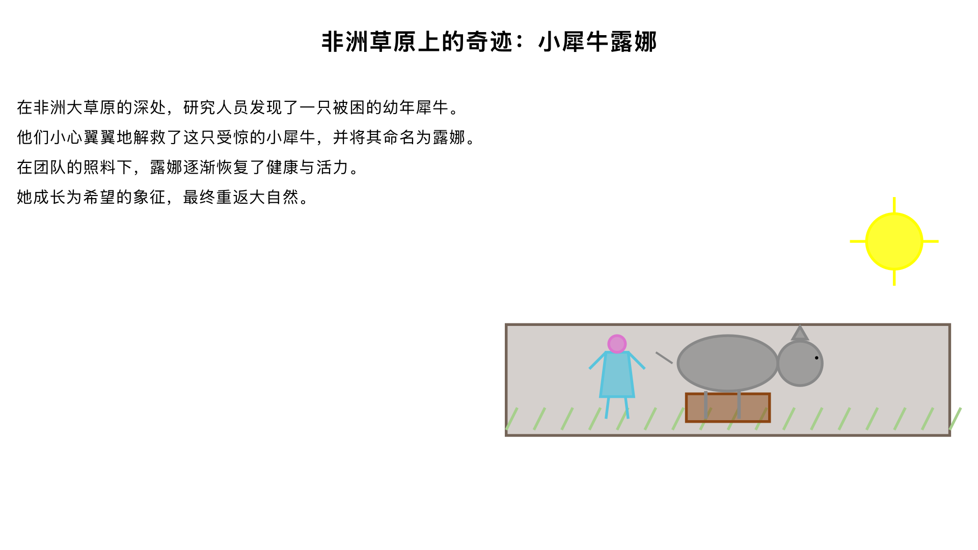 In the heart of the African savanna, a group of researchers stumbled upon a rare sight—a baby rhinoceros struggling in a poacher's trap. With careful precision, they freed the frightened calf, who they named Luna. Despite her initial fear, Luna quickly bonded with the team, finding solace and safety in their care. Over time, Luna grew stronger and more confident, her playful spirit bringing joy to all around her. As she matured, Luna became a symbol of resilience and hope, a beacon of light in a world often filled with darkness. With the researchers' guidance, Luna eventually returned to the wild, her indomitable spirit a reminder of the power of compassion and perseverance.