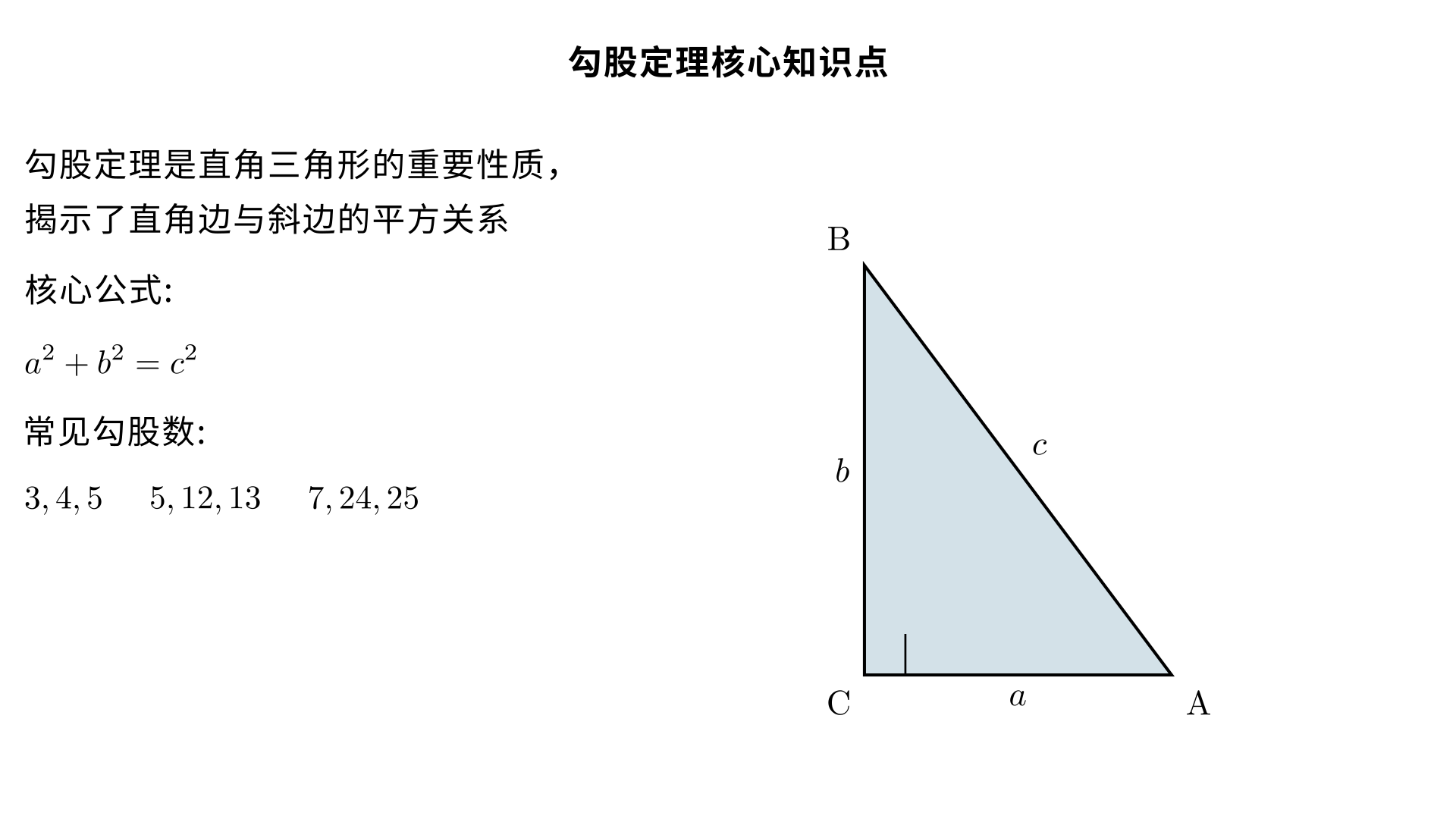 八年级数学 勾股定理 核心知识点（系统化拆解）
勾股定理是八年级几何的核心定理，也是直角三角形的重要性质，主要解决直角三角形的边长计算和线段平方关系证明问题，以下按定义→公式→验证→注意事项→常见勾股数→典型例题→解题步骤拆解，贴合八年级教材要求。
一、勾股定理的定义
在直角三角形中，两条直角边的平方和等于斜边的平方。
边的命名约定
设直角三角形的两条直角边长度分别为
a
、
b
，斜边（直角所对的边，最长边）长度为
c
，则勾股定理的核心表述围绕此三边展开。
二、核心公式及变形（必考）
1. 基本公式
a 
2
 +b 
2
 =c 
2
 
（直角边 ² + 直角边 ² = 斜边 ²）
2. 常用变形公式（已知两边求第三边，直接套用）
求斜边：
c= 
a 
2
 +b 
2
 
​
 
求直角边
a
：
a= 
c 
2
 −b 
2
 
​
 
求直角边
b
：
b= 
c 
2
 −a 
2
 
​
 
✅ 关键前提：仅适用于直角三角形，非直角三角形不能直接使用。
三、勾股定理的验证（教材重点，面积法核心）
勾股定理的验证本质是利用图形的面积相等推导，八年级要求掌握面积法，以下 3 种经典验证方法（赵爽弦图为必考）：
1. 赵爽弦图（我国古代数学家赵爽证明，教材核心）
以直角三角形的斜边为边长作大正方形，内部用 4 个全等的直角三角形拼出小正方形，通过大正方形面积 = 4 个直角三角形面积 + 小正方形面积推导，是中考常考的证明素材。
2. 毕达哥拉斯证法
用两个全等的直角三角形拼出直角梯形，通过梯形面积 = 三个直角三角形面积和推导，核心仍是面积相等。
3. 总统证法（伽菲尔德证法）
与毕达哥拉斯证法思路一致，简化了梯形的拼接方式，步骤更简洁，适合八年级基础证明。
四、适用范围与核心注意事项（避错关键）
仅适用于直角三角形：锐角三角形、钝角三角形的三边不满足此关系；
斜边是前提：公式中
c
一定是斜边（最长边），若题目未明确边的类型，需分类讨论；
边长为正数：计算结果中，边长的算术平方根为正，舍去负根；
平方关系≠边长关系：注意区分
a 
2
 +b 
2
 =c 
2
 
和
a+b=c
，后者一定不成立；
勾股定理是 “性质”：是已知直角三角形，推导三边平方关系，与后续 “勾股定理的逆定理（判定直角三角形）” 区分开。
五、常见勾股数（速算必备，八年级常考）
勾股数：满足
a 
2
 +b 
2
 =c 
2
 
的正整数组
(a,b,c)
，核心勾股数及变形需熟记，解题可直接套用：
1. 基础勾股数（核心三组，必考）
3, 4, 5（最常用）
5, 12, 13
7, 24, 25
2. 勾股数的倍数性质
若
(a,b,c)
是勾股数，则其正整数倍
(ka,kb,kc)
（
k>0
，整数）也是勾股数，例如：
3,4,5 的 2 倍：6,8,10；3 倍：9,12,15
5,12,13 的 2 倍：10,24,26
✅ 注意：1,2,3 不是勾股数（
1 
2
 +2 
2
 

=3 
2
 
），勾股数需严格满足平方和关系。
六、典型例题（分类型，含解题步骤，贴合八年级考题）
勾股定理的考题分基础计算型、分类讨论型、实际应用型，是八年级同步练习的核心题型，以下各举一例，步骤按 “审题→定直角→标边→套公式” 展开。
类型 1：基础计算 —— 已知直角三角形两边，求第三边
例题：在 Rt△ABC 中，∠C=90°，若
a=3
，
b=4
，求斜边
c
；若
c=10
，
a=6
，求直角边
b
。解题步骤：
审题：∠C=90°，确定
c
为斜边，
a,b
为直角边；
套公式：
求
c
：
c= 
3 
2
 +4 
2
 
​
 = 
25
​
 =5
；
求
b
：
b= 
10 
2
 −6 
2
 
​
 = 
64
​
 =8
。
类型 2：分类讨论 —— 未明确 “斜边 / 直角边”，需分情况
例题：在 Rt△ABC 中，一条边长为 5，另一条边长为 12，求第三边的长。解题步骤：
审题：未明确直角边 / 斜边，第三边可能是斜边或直角边，分两种情况；
情况 1：12 为斜边，5 为直角边，第三边
x
为直角边：
x= 
12 
2
 −5 
2
 
​
 = 
119
​
 
；
情况 2：12 和 5 均为直角边，第三边
x
为斜边：
x= 
12 
2
 +5 
2
 
​
 =13
；
结论：第三边长为 13 或
119
​
 
。
类型 3：实际应用 —— 将实际问题转化为 “直角三角形边长计算”
例题：一架长 10m 的梯子，斜靠在竖直的墙上，梯子底端离墙 6m，求梯子顶端到地面的高度。解题步骤：
转化：梯子为斜边（10m），底端离墙的距离为一条直角边（6m），顶端高度为另一条直角边（设为
h
）；
套公式：
h= 
10 
2
 −6 
2
 
​
 =8
；
结论：梯子顶端到地面的高度为 8m。
七、勾股定理核心解题步骤（通用）
无论基础题还是应用题，均遵循以下 4 步，可避免漏解、错解：
找直角：确定直角三角形的直角顶点，明确直角边和斜边（无直角则需构造直角，如折叠问题）；
标边长：将已知边长标注在对应边上，未知边设为
x
；
套公式：根据勾股定理写等式，代入已知数；
算结果：求解方程，舍去负根（边长为正），有多种情况需分类讨论。